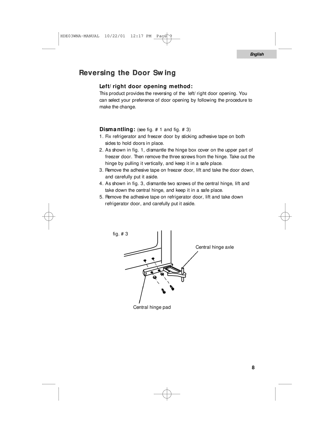 Haier HDE03WNA user manual Reversing the Door Swing, Left/right door opening method, English 
