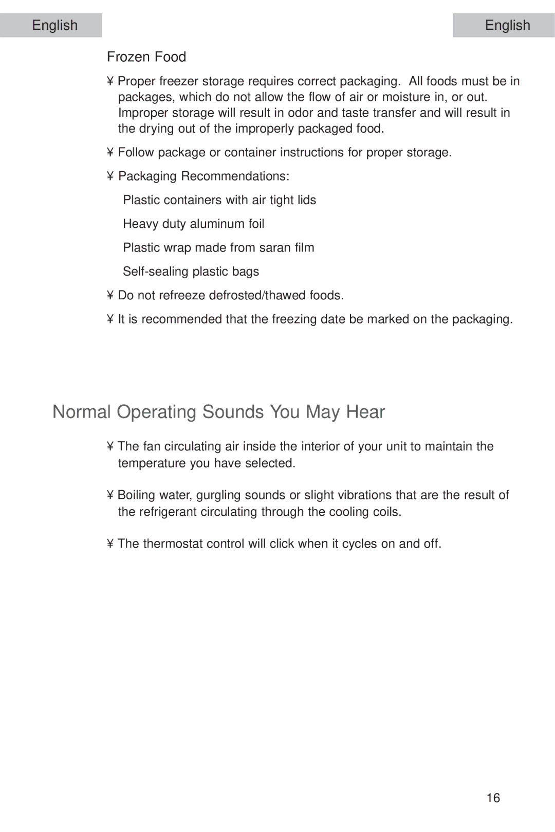 Haier HDE11WNA, HDE10WNA user manual Normal Operating Sounds You May Hear, Frozen Food, Packaging Recommendations 