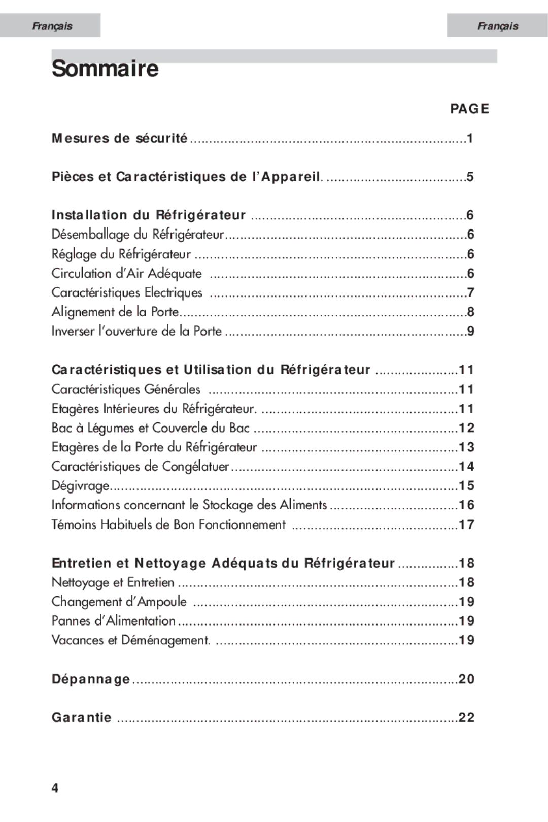 Haier HDE10WNA, HDE11WNA user manual Sommaire, Caractéristiques et Utilisation du Réfrigérateur 