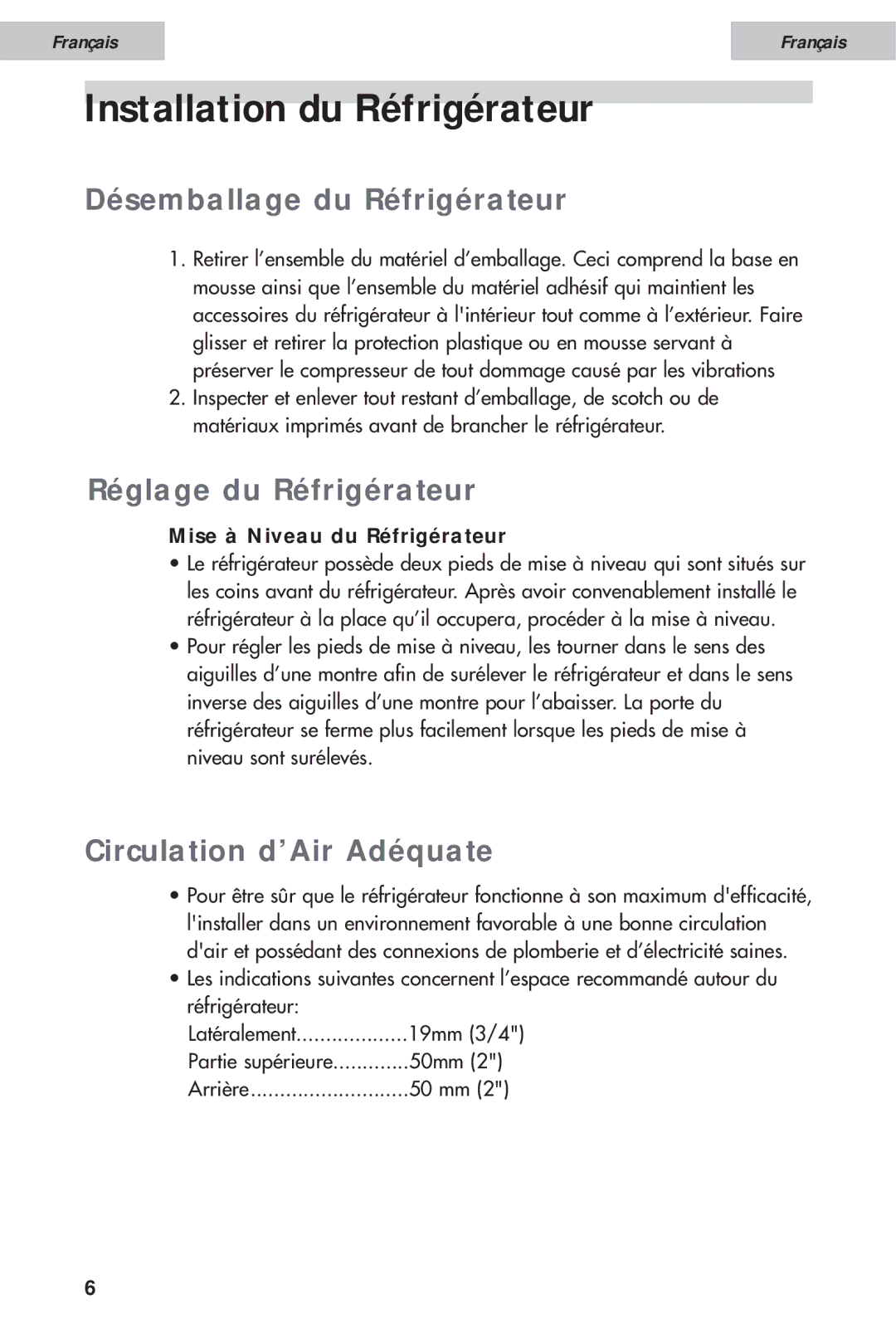 Haier HDE10WNA, HDE11WNA user manual Installation du Réfrigérateur, Mise à Niveau du Réfrigérateur 