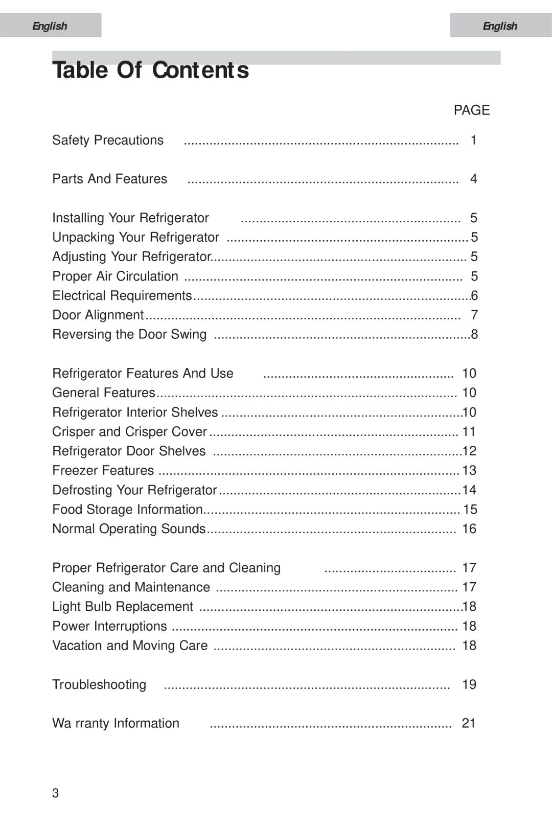 Haier HDE10WNA, HDE11WNA user manual Table Of Contents 