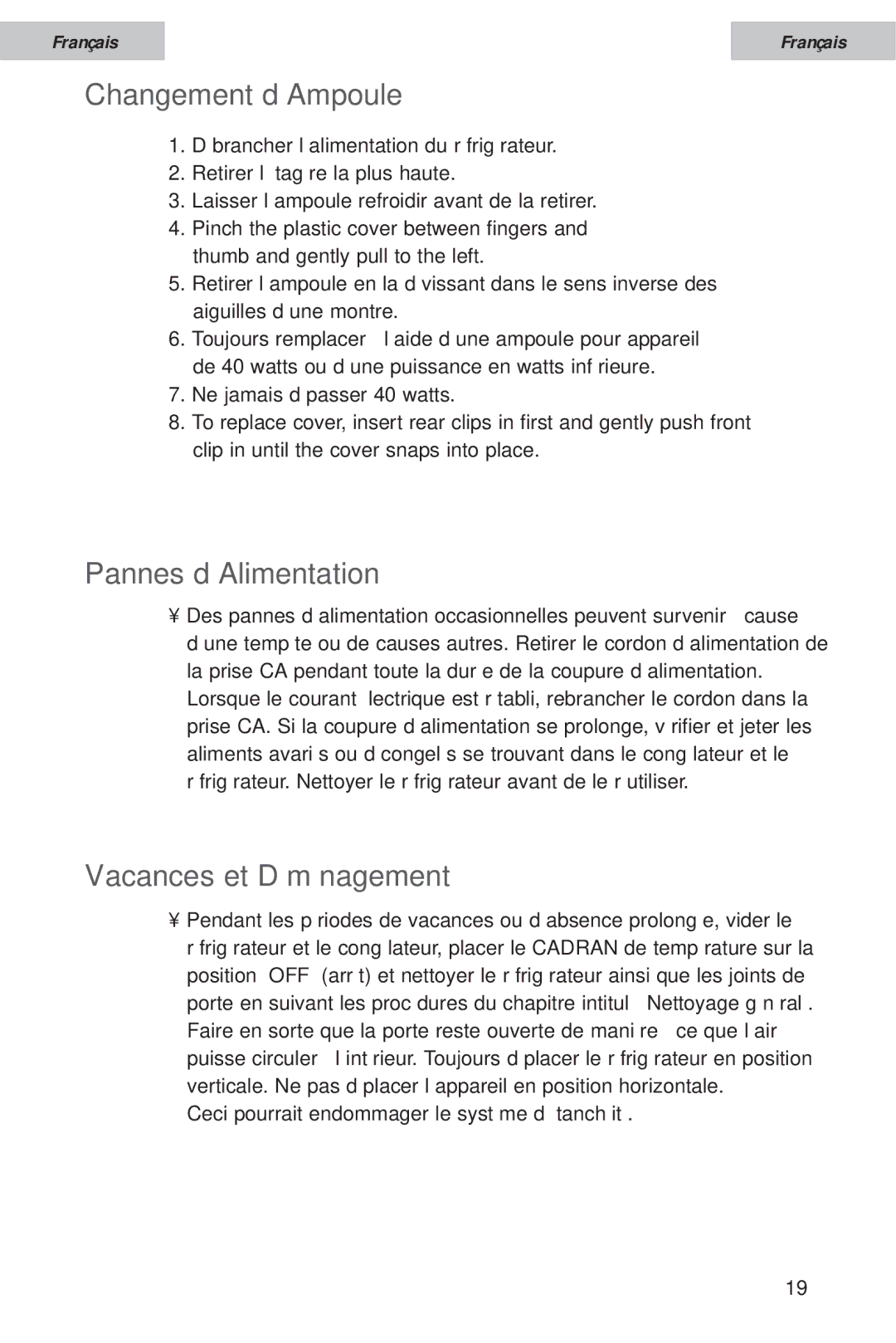 Haier HDE11WNA, HDE10WNA user manual Changement d’Ampoule, Pannes d’Alimentation, Vacances et Déménagement 