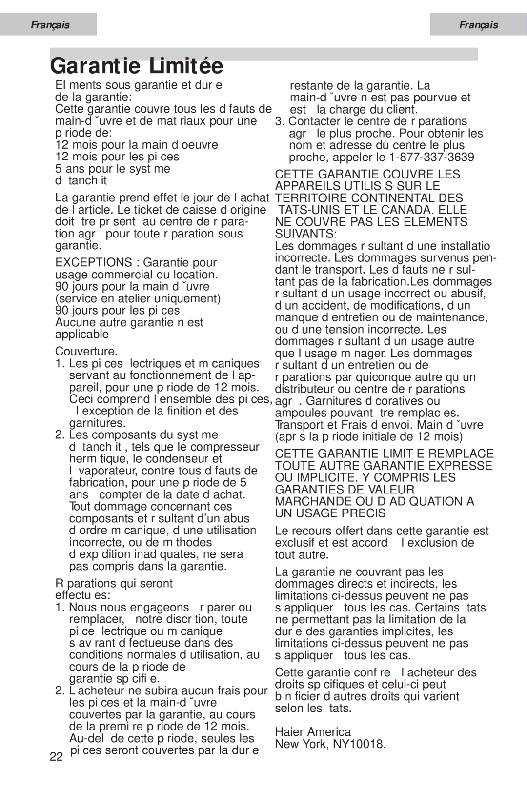 Haier HDE10WNA, HDE11WNA user manual Eléments sous garantie et durée de la garantie, Réparations qui seront effectuées 