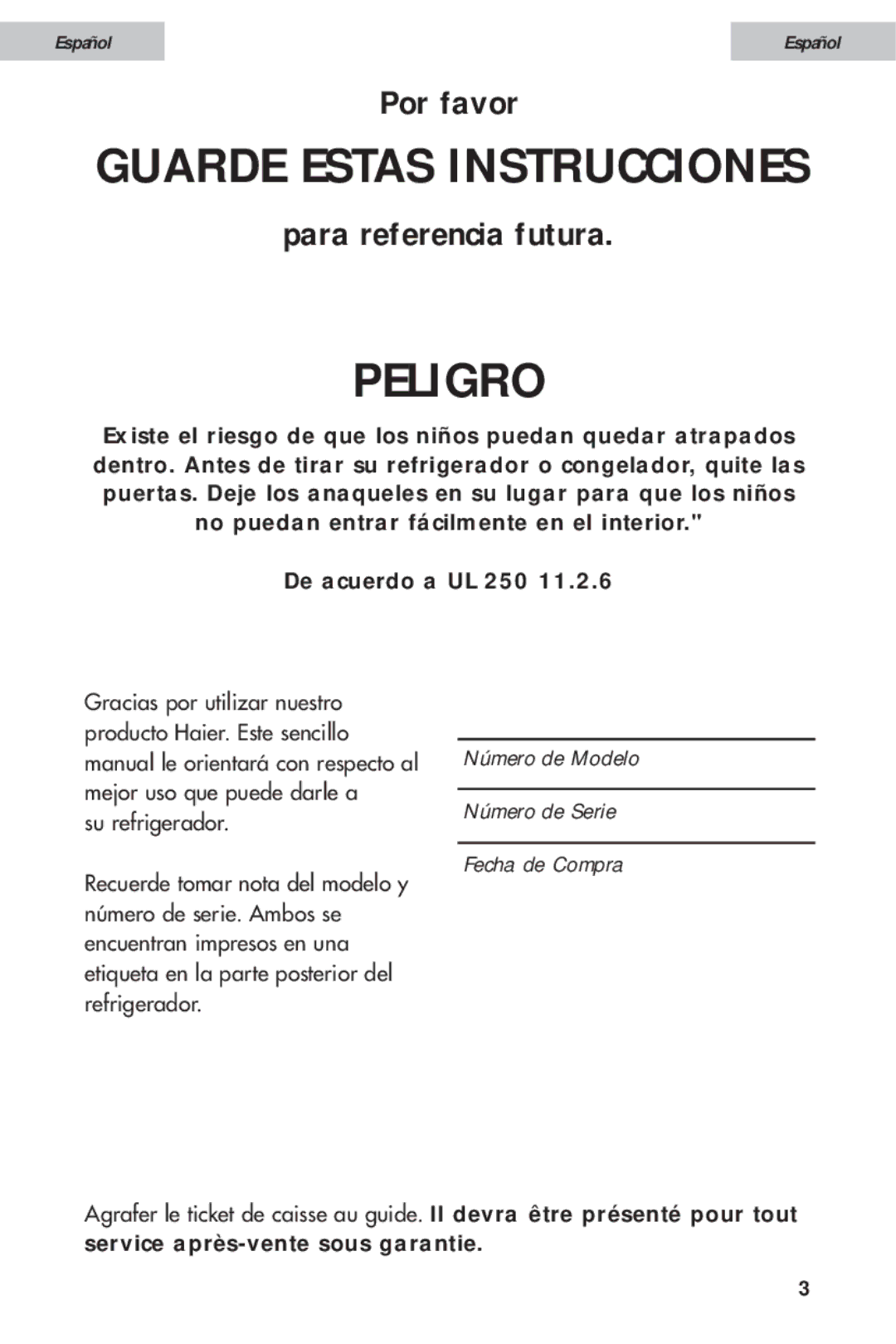 Haier HDE11WNA, HDE10WNA user manual Peligro 