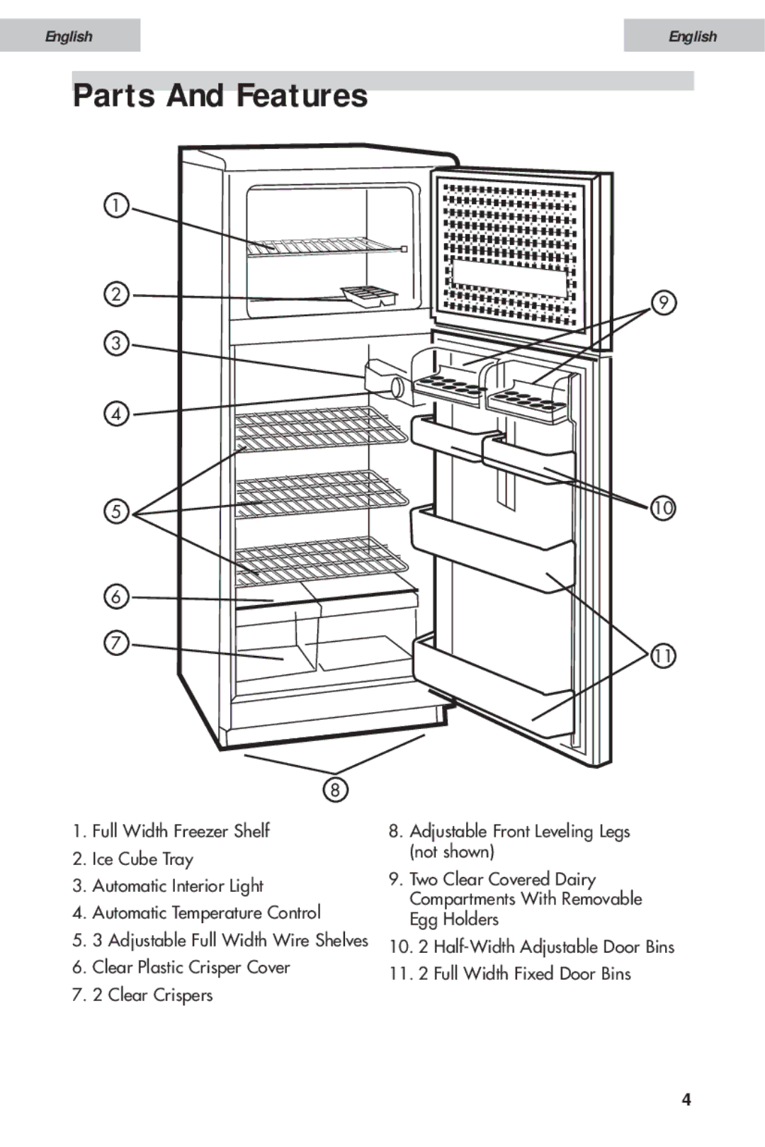 Haier HDE11WNA, HDE10WNA user manual Parts And Features 