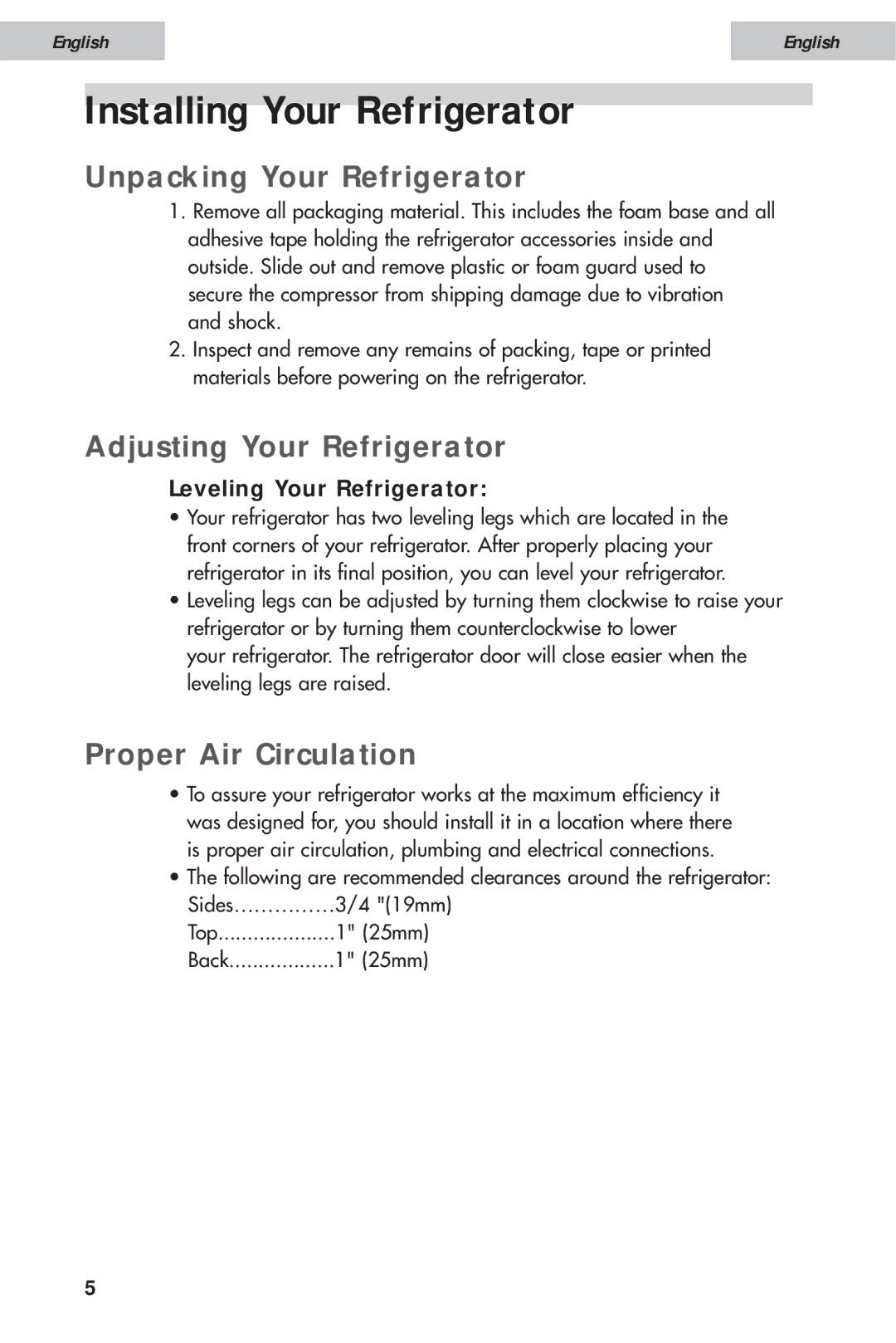 Haier HDE10WNA, HDE11WNA user manual Installing Your Refrigerator, Unpacking Your Refrigerator, Adjusting Your Refrigerator 