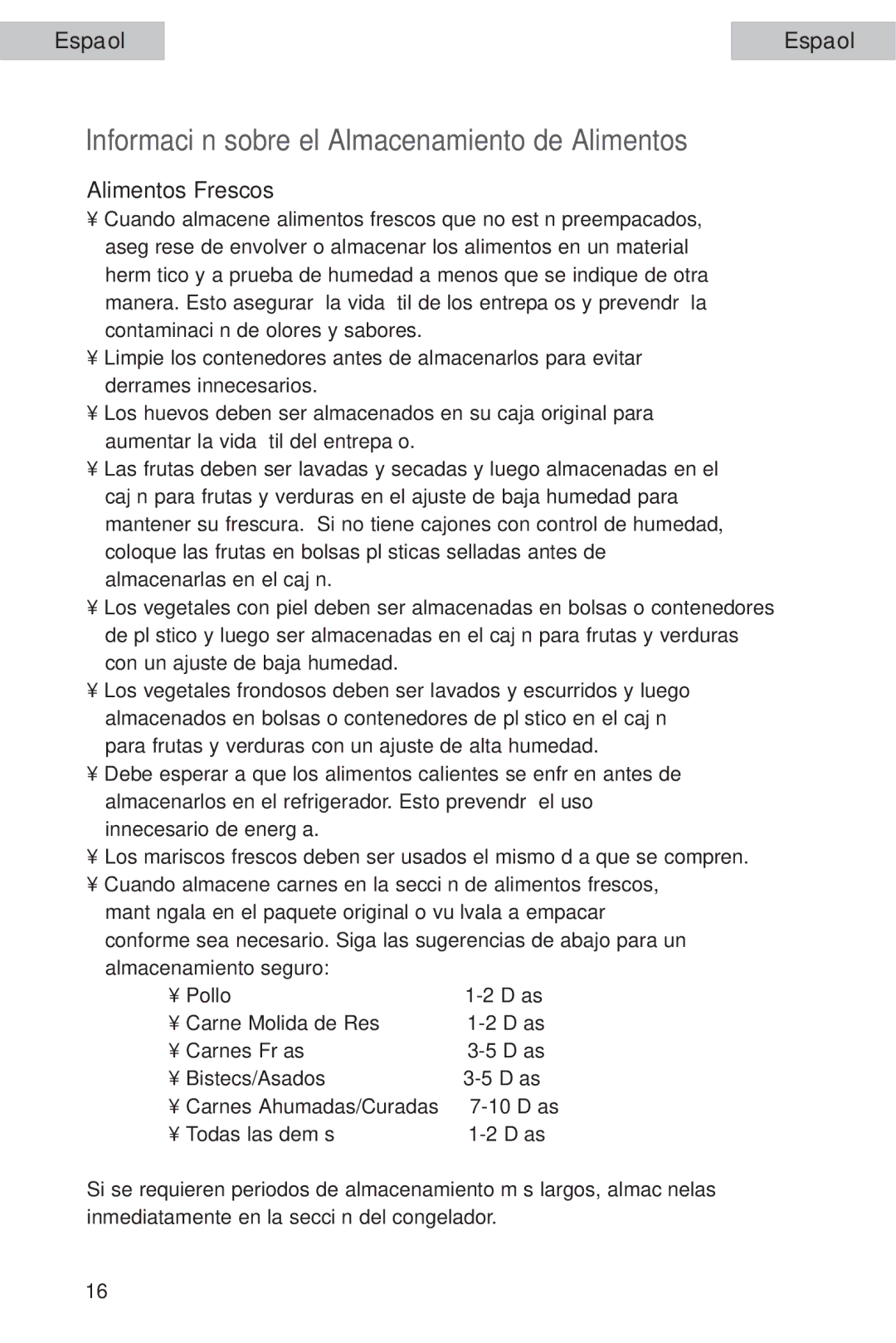 Haier HDE10WNA, HDE11WNA user manual Información sobre el Almacenamiento de Alimentos, Alimentos Frescos 