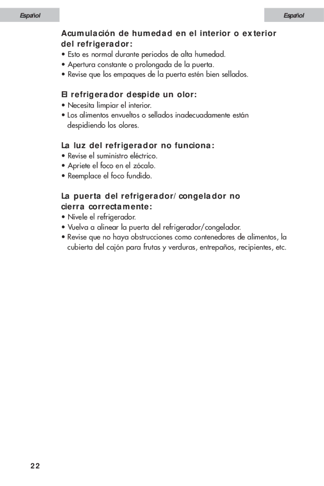 Haier HDE10WNA, HDE11WNA user manual El refrigerador despide un olor, La luz del refrigerador no funciona 