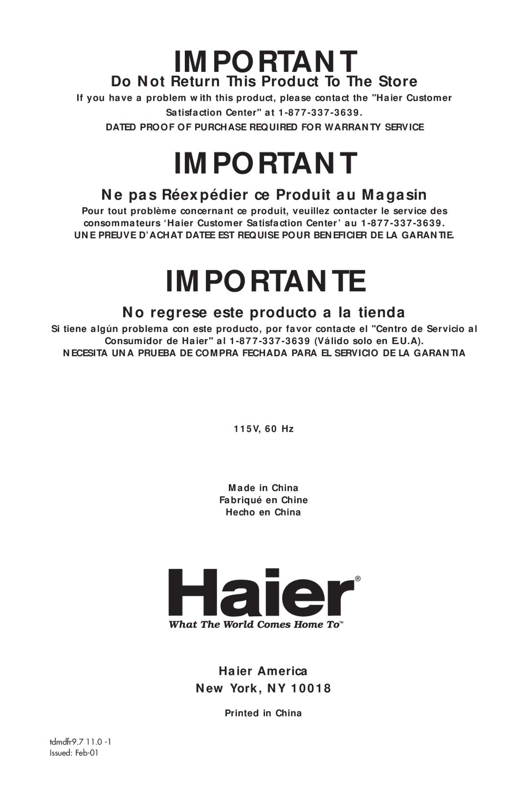 Haier HDE10WNA, HDE11WNA user manual Do Not Return This Product To The Store, Haier America New York, NY 