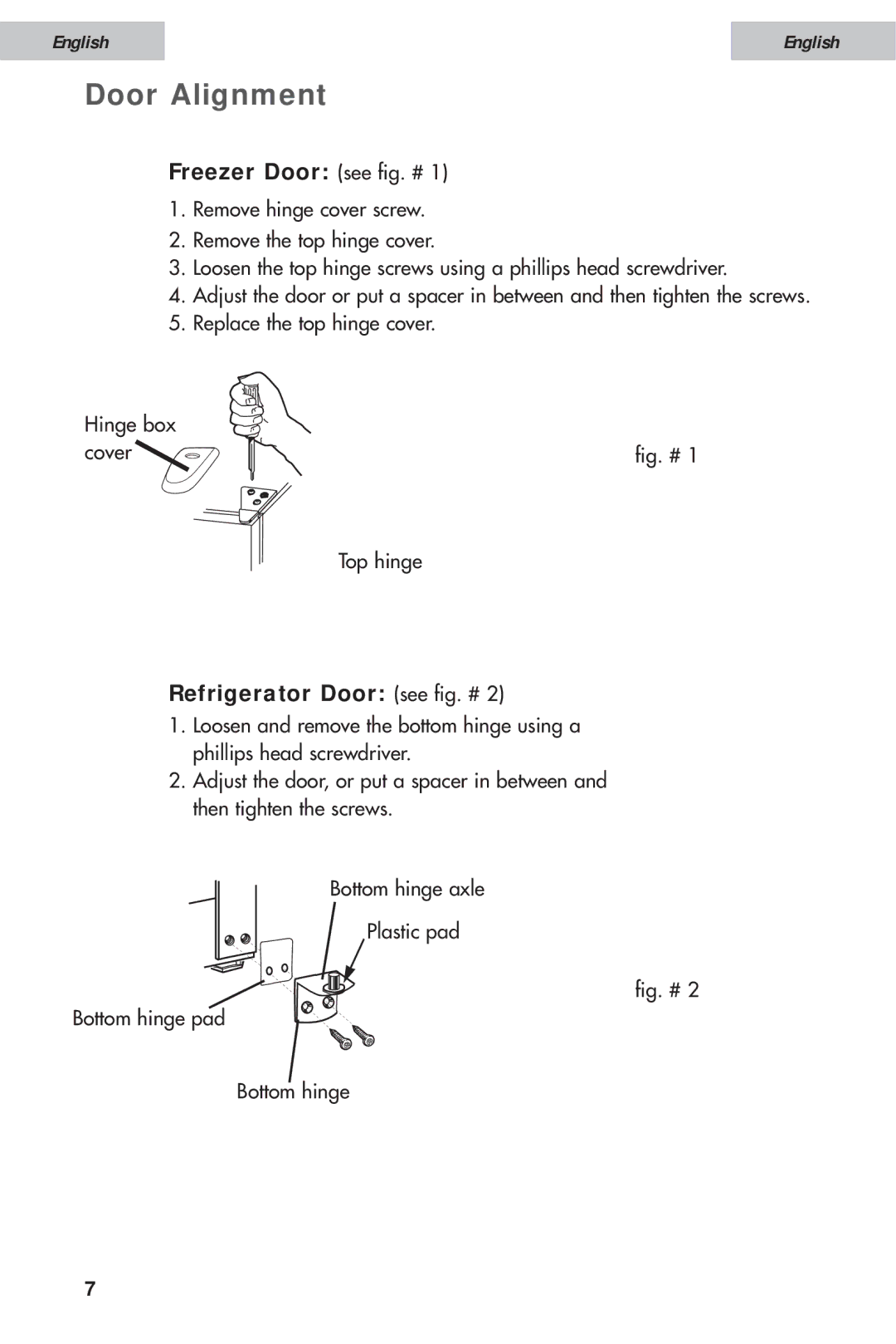 Haier HDE10WNA, HDE11WNA user manual Door Alignment, Freezer Door see fig. #, Refrigerator Door see fig. # 