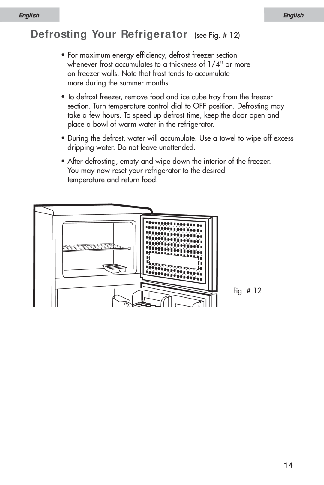 Haier HDE11WNA, HDE10WNA user manual Defrosting Your Refrigerator see Fig. #, English 