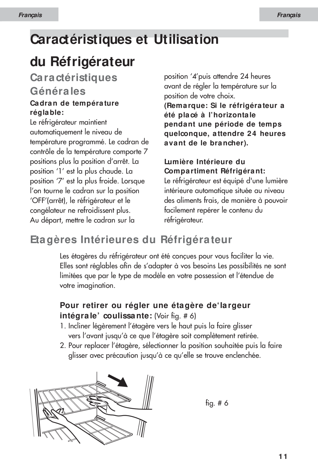 Haier HDE11WNA, HDE10WNA user manual Caractéristiques et Utilisation du Réfrigérateur, Caractéristiques Générales, Français 