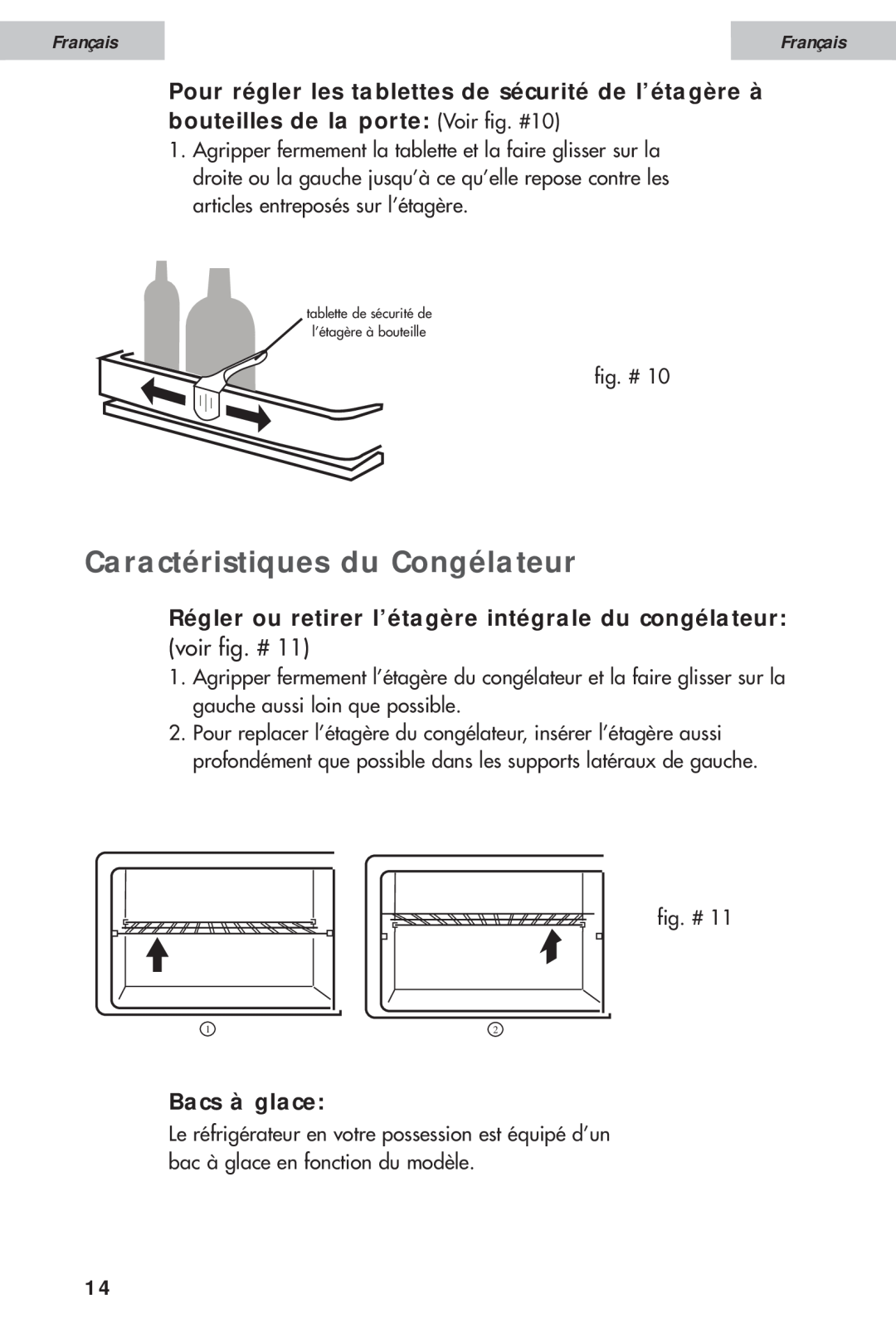 Haier HDE10WNA Caractéristiques du Congélateur, Régler ou retirer l’étagère intégrale du congélateur, Bacs à glace 