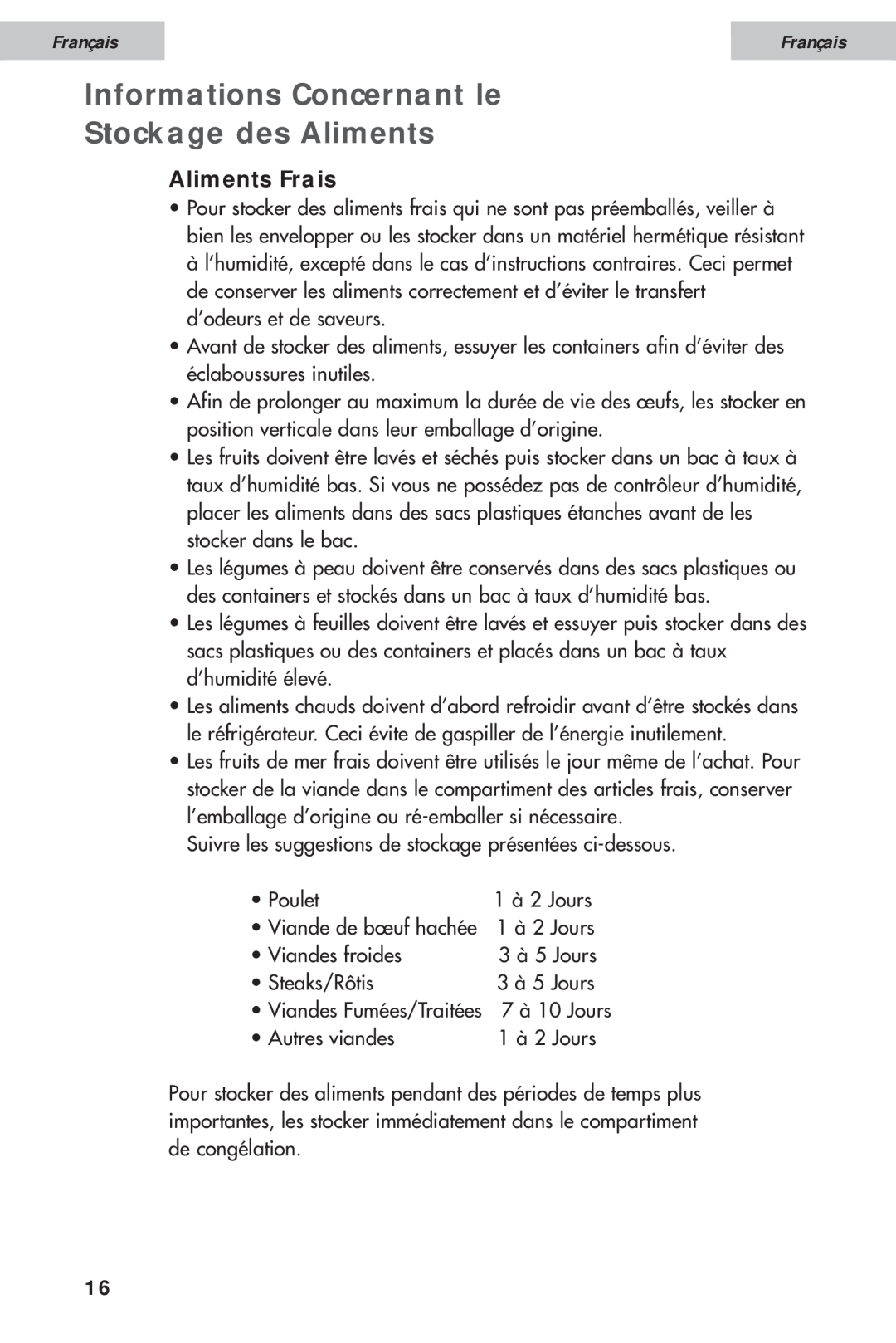 Haier HDE10WNA, HDE11WNA user manual Informations Concernant le Stockage des Aliments, Aliments Frais, Français 