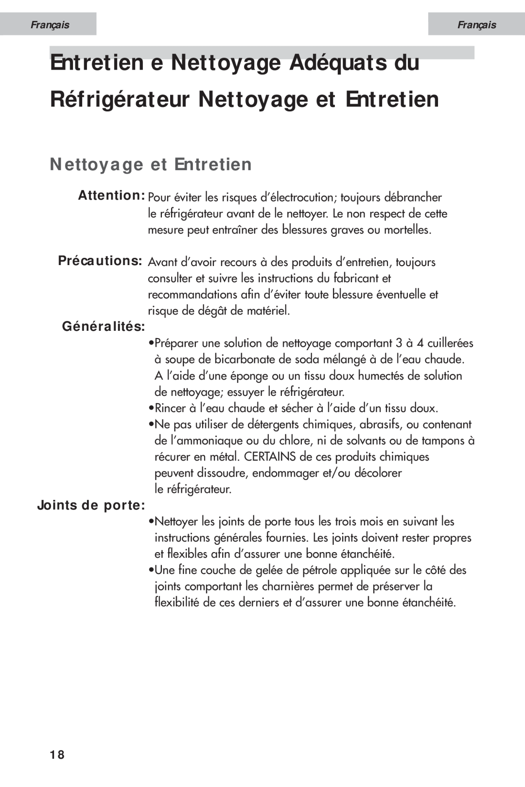 Haier HDE10WNA, HDE11WNA user manual Nettoyage et Entretien, Généralités, Joints de porte, Français 