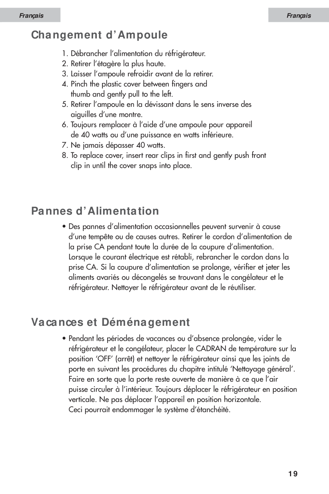 Haier HDE11WNA, HDE10WNA user manual Changement d’Ampoule, Pannes d’Alimentation, Vacances et Déménagement, Français 