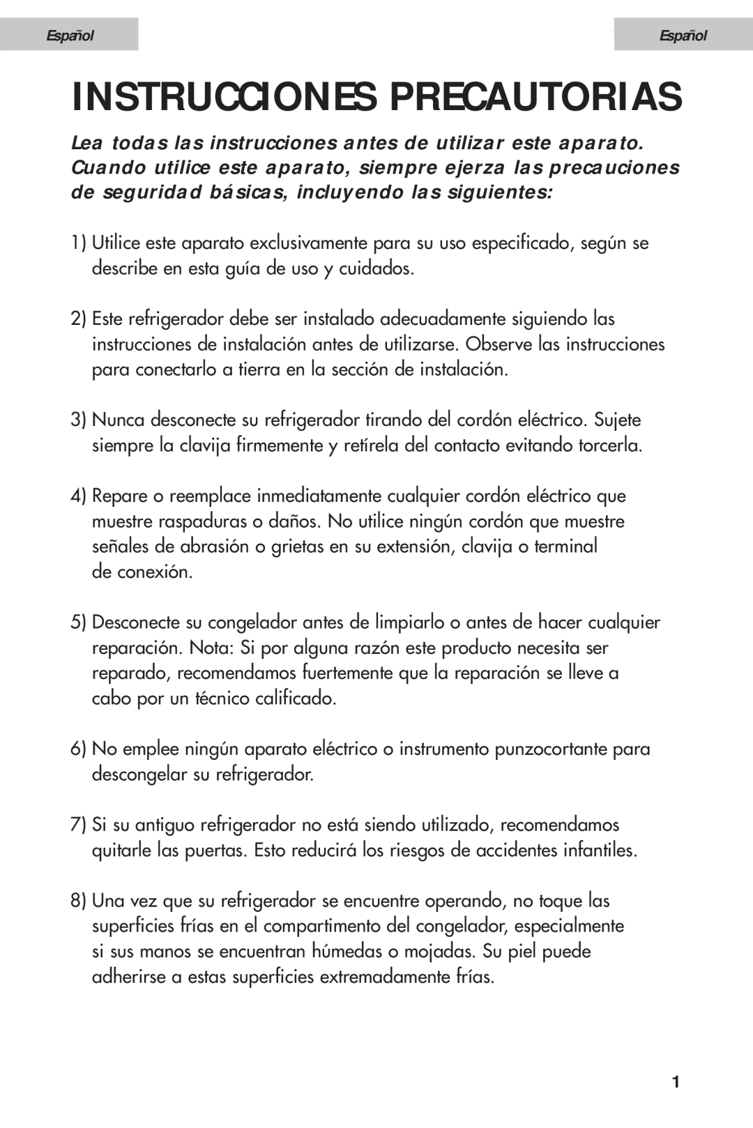 Haier HDE11WNA, HDE10WNA user manual Instrucciones Precautorias, Español 