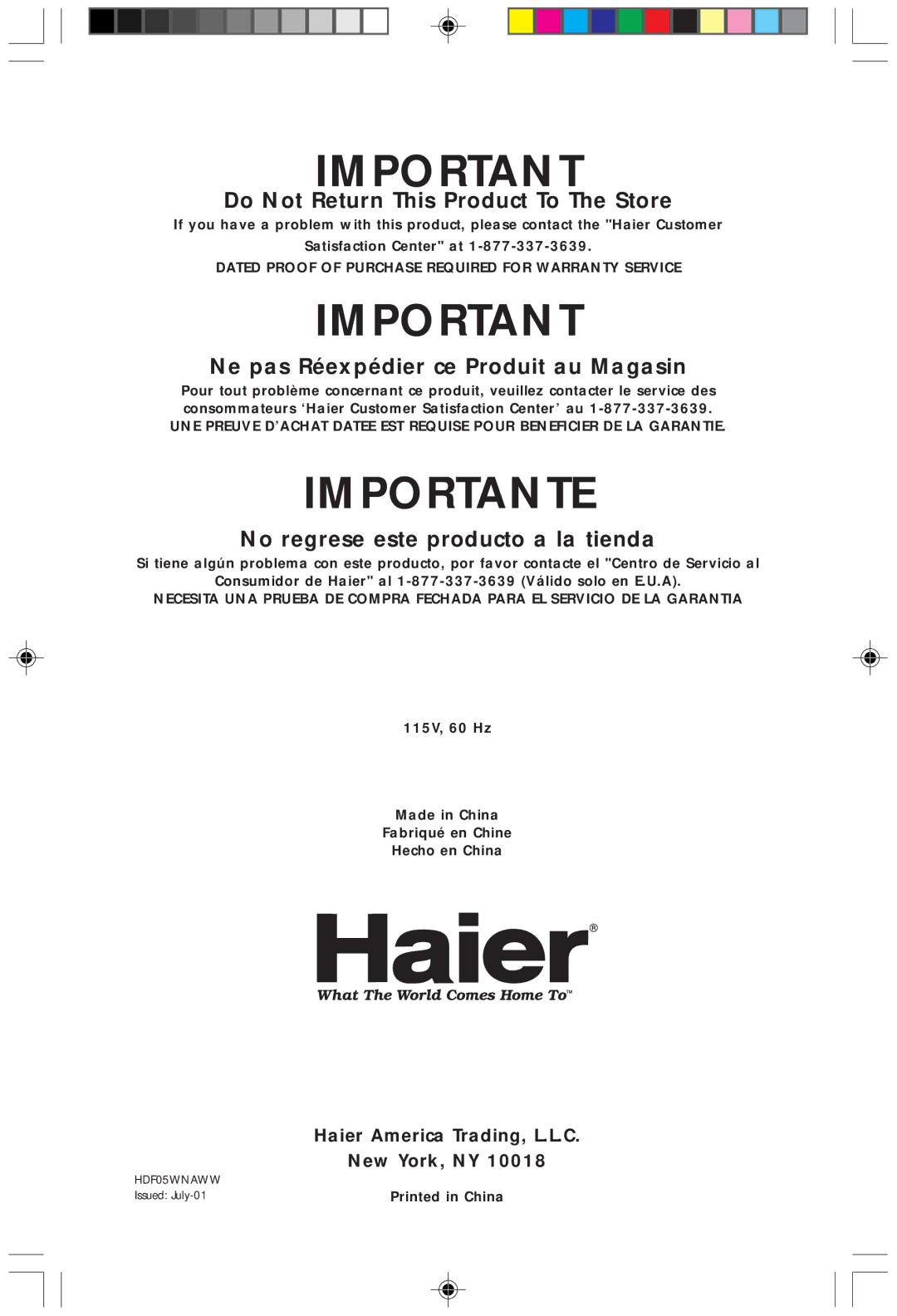 Haier HDF05WNAWW user manual Importante 