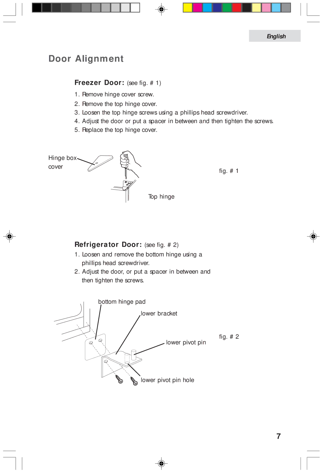 Haier HDF05WNAWW user manual Door Alignment, Freezer Door see fig. #, Refrigerator Door see fig. # 