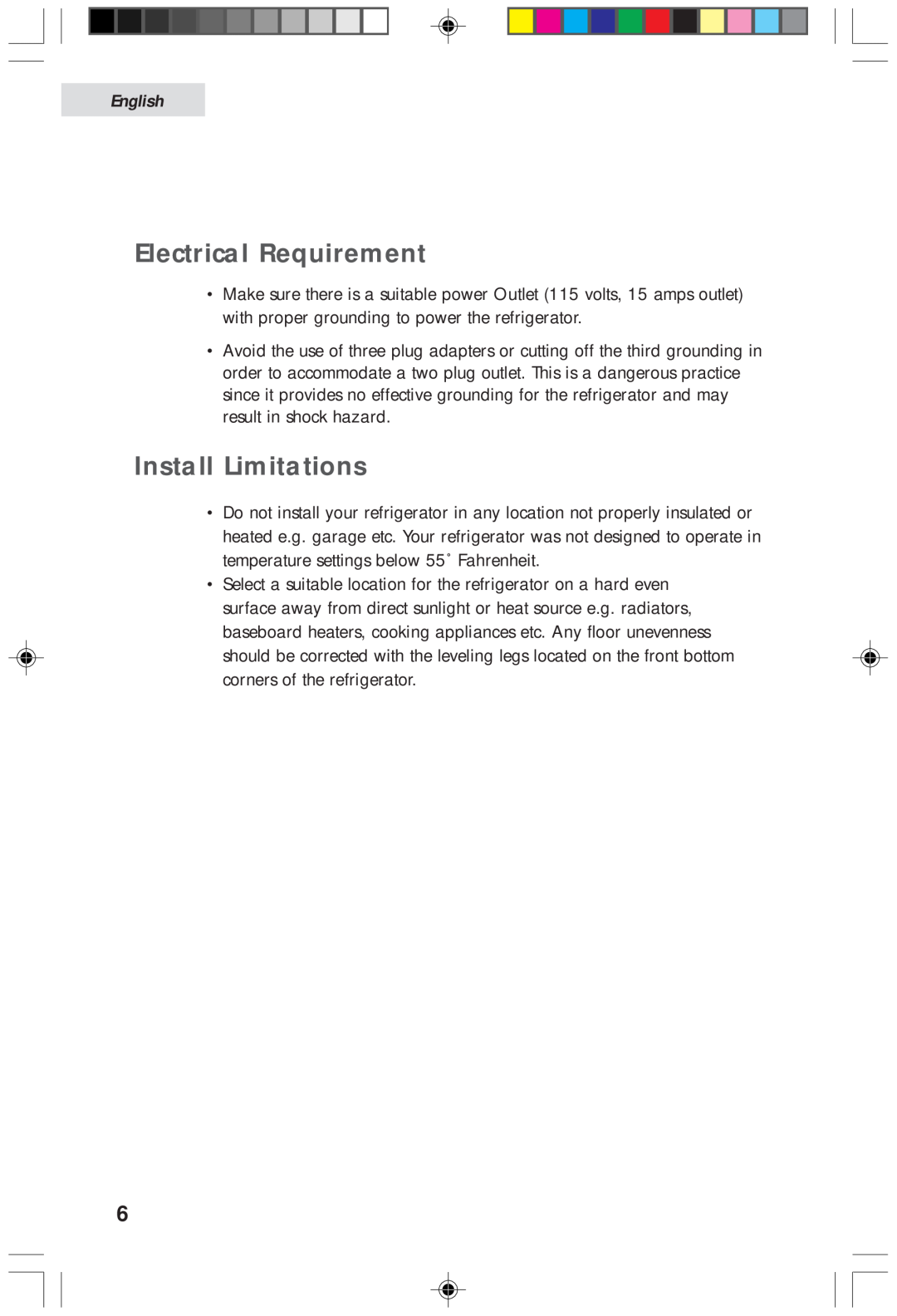 Haier HDF05WNAWW user manual Electrical Requirement, Install Limitations, English 