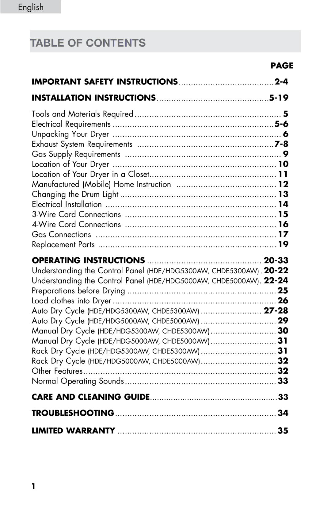 Haier CHDE5300AW, HDG5300AW, CHDE5000AW, HDG5000AW user manual Table of Contents 