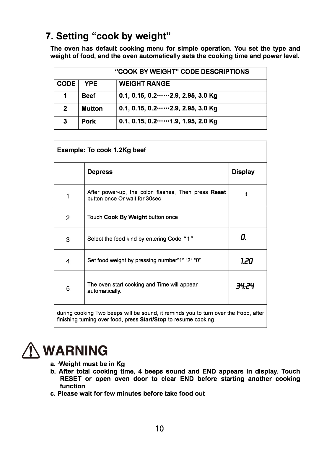 Haier HDM-2070EG manual Setting “cook by weight”, 3424, 1.20, Code 