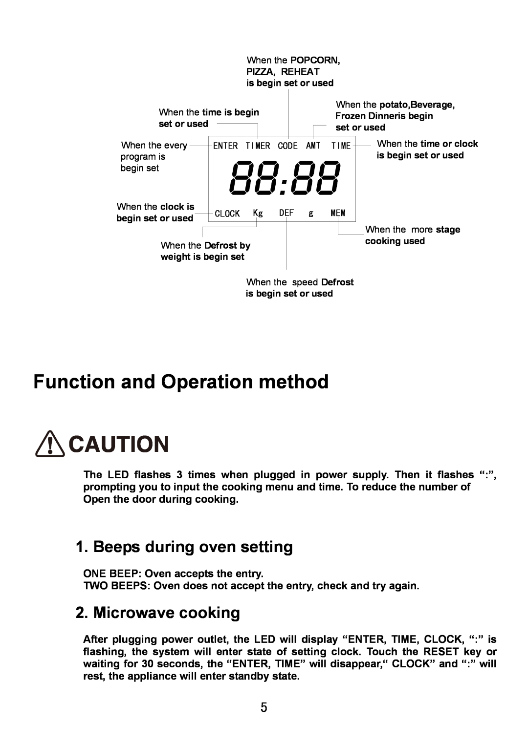 Haier HDM-2070EG manual Function and Operation method, Beeps during oven setting, Microwave cooking, 8888 