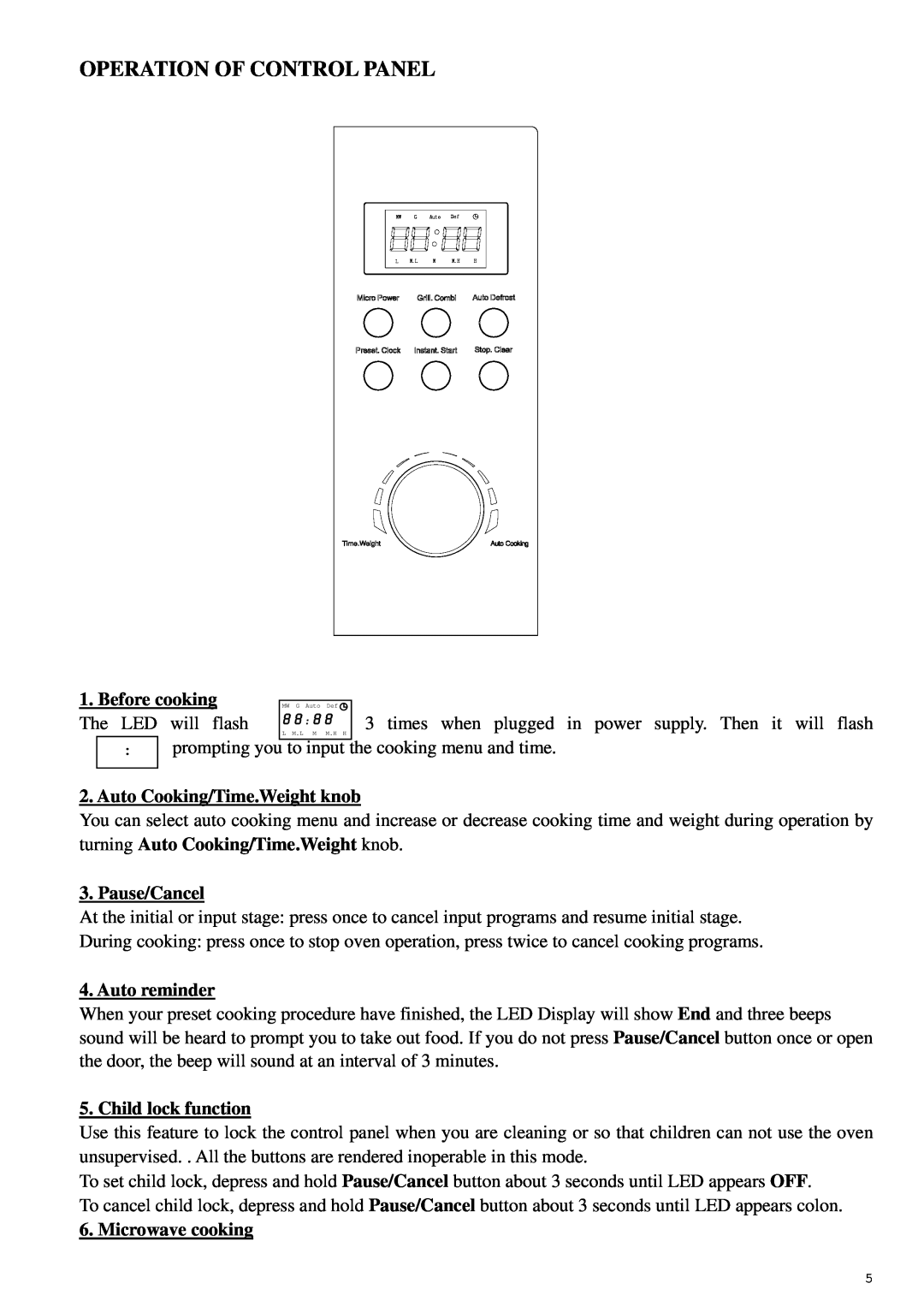 Haier HDN-2380EG Operation Of Control Panel, Before cooking, Auto Cooking/Time.Weight knob, Pause/Cancel, Auto reminder 