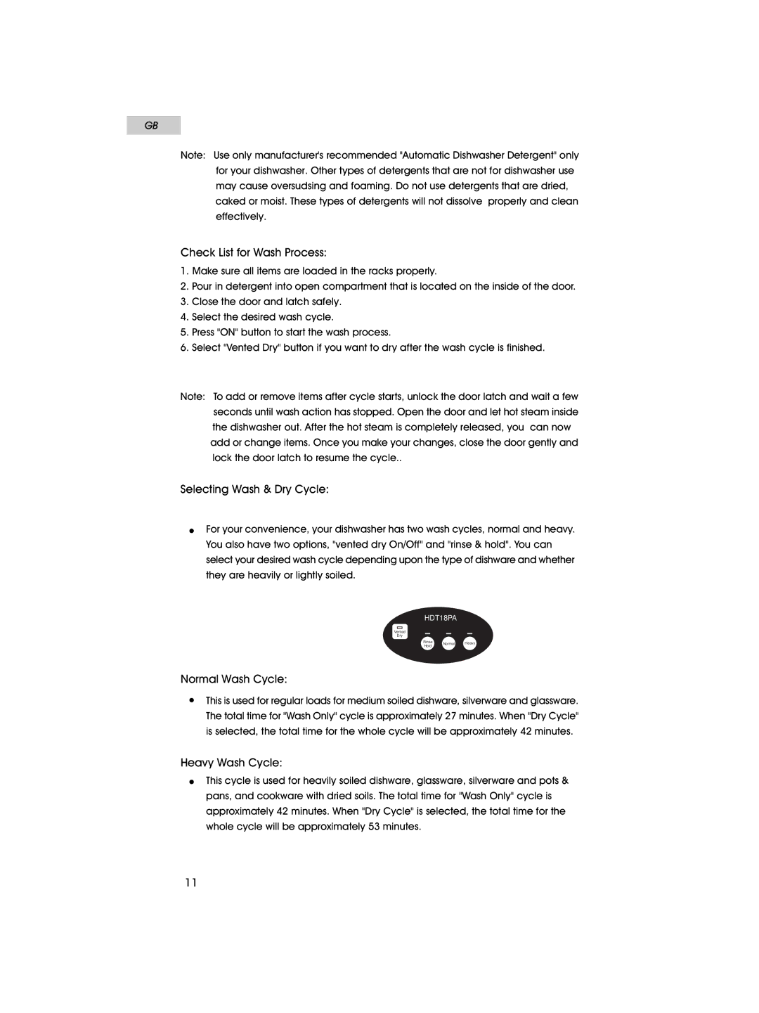 Haier HDT18PA user manual Check List for Wash Process, Selecting Wash & Dry Cycle, Normal Wash Cycle, Heavy Wash Cycle 