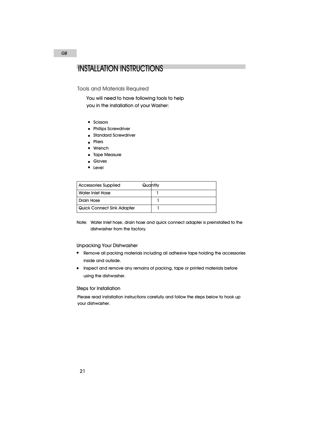 Haier HDT18PA user manual Installation Instructions 