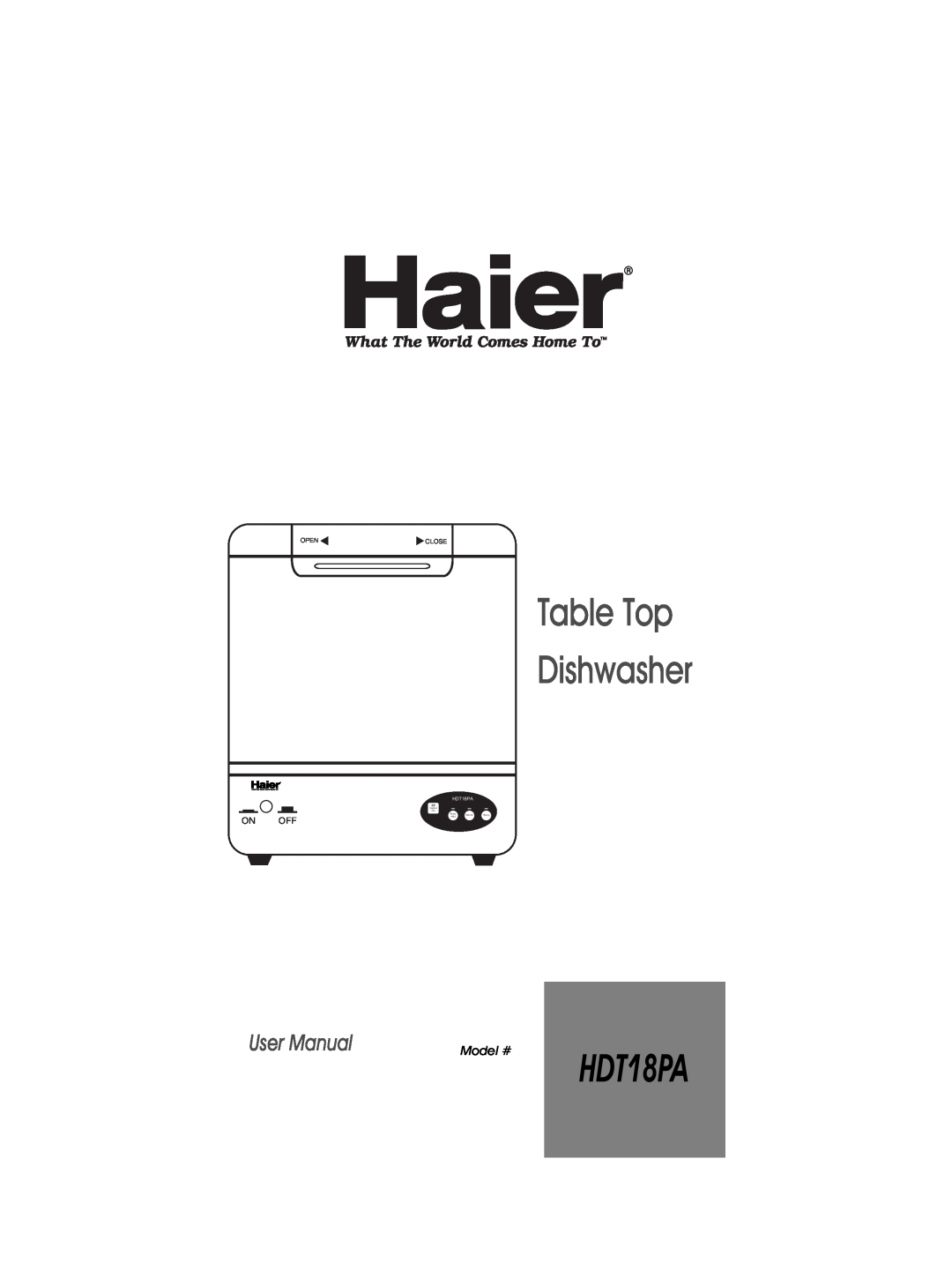 Haier HDT18PA user manual Table Top Dishwasher, Model #, On Off, Openclose, Vented Dry, Rinse, Normal, Heavy, Hold 