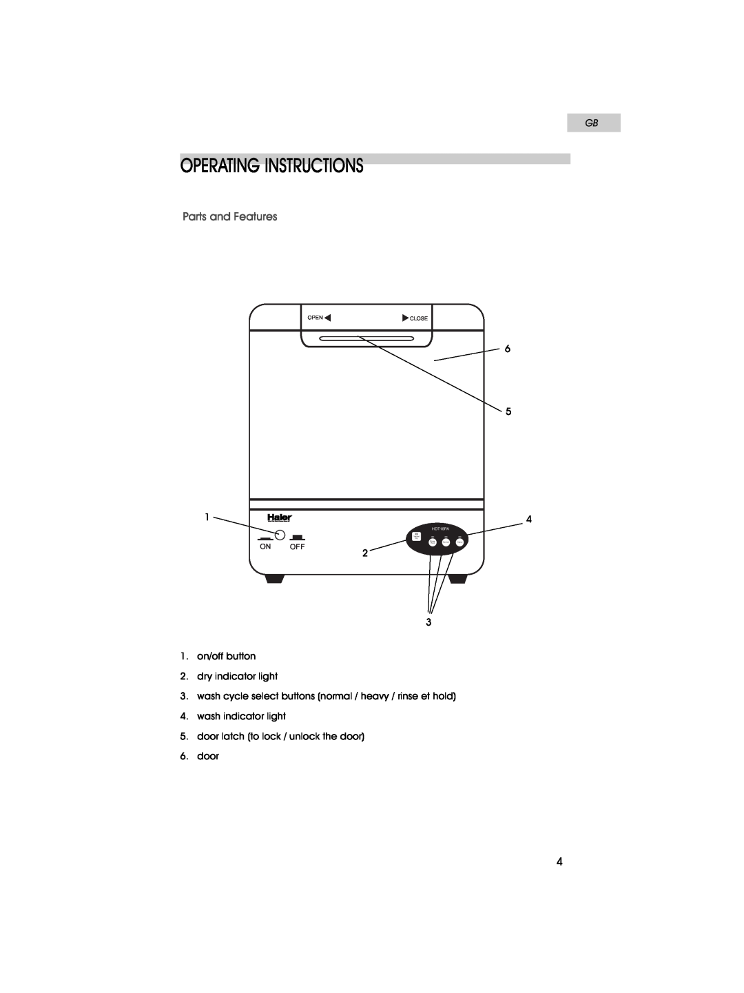 Haier HDT18PA user manual Operating Instructions, Parts and Features, On Off, Openclose, Vented, Rinse, Normal, Heavy, Hold 