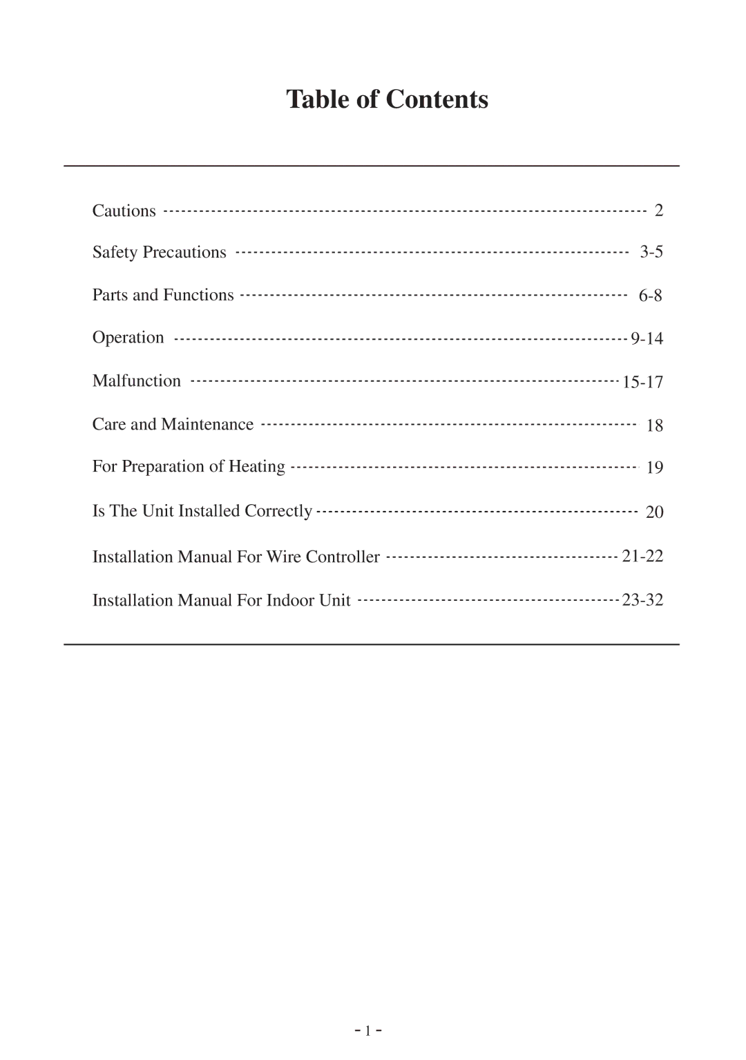 Haier HDU-28CF03, HDU-18HF03, HDU-18CF03 installation manual Table of Contents 