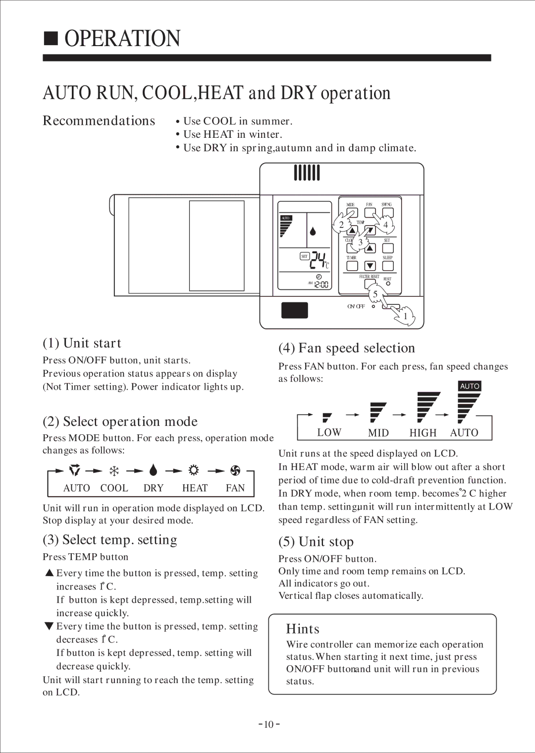 Haier HDU-28H03/H, HDU-24H03/H, HDU-42H03/H instruction manual Recommendations, Fan speed selection, Select temp. setting 