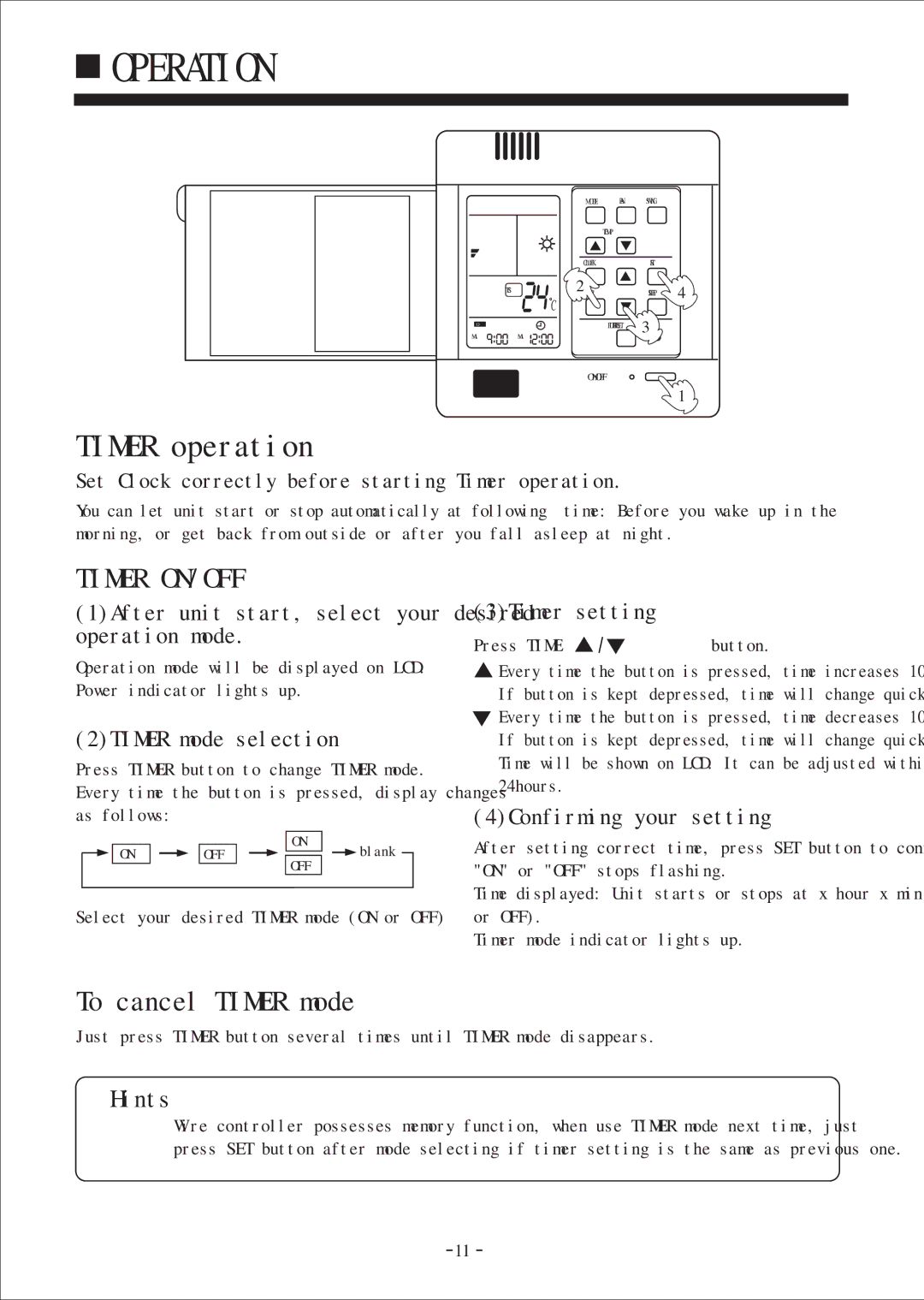 Haier HDU-24H03/H Set Clock correctly before starting Timer operation, Select your desired Timer mode on or OFF 