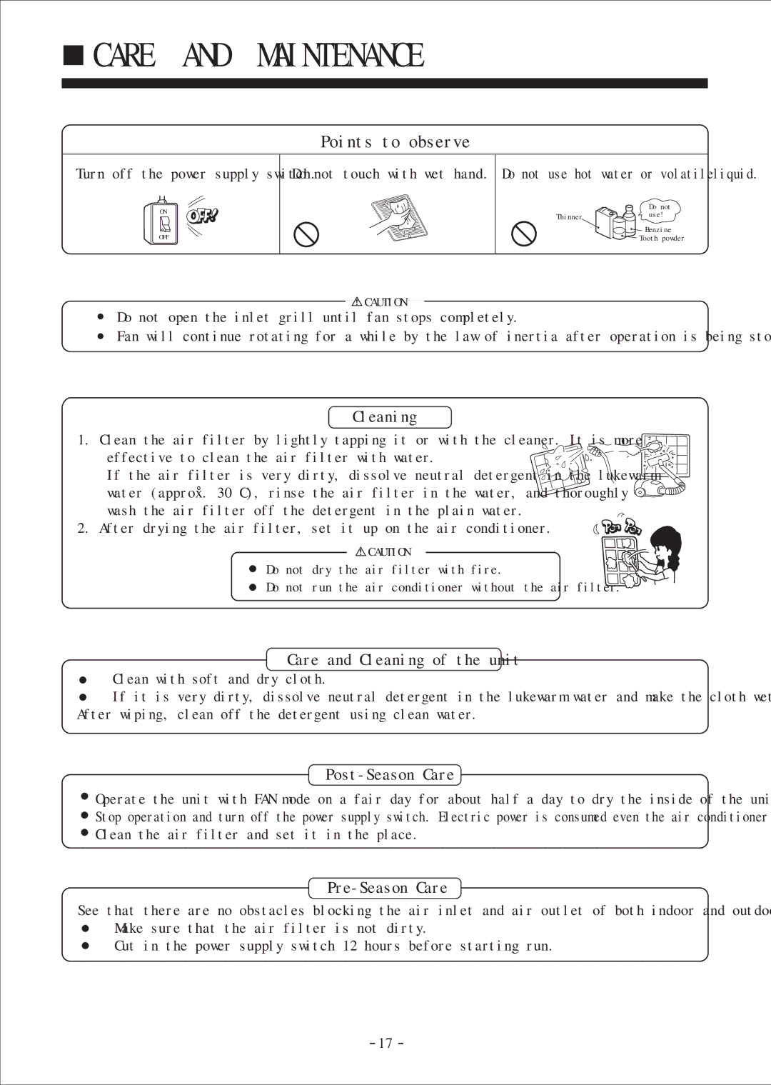 Haier HDU-24H03/H, HDU-42H03/H, HDU-28H03/H instruction manual Care and Maintenance, Points to observe 