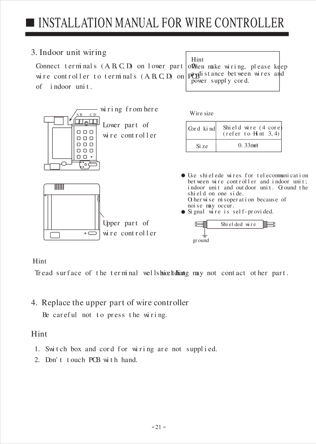 Haier HDU-42H03/H, HDU-24H03/H, HDU-28H03/H Indoor unit wiring, Replace the upper part of wire controller, Hint 