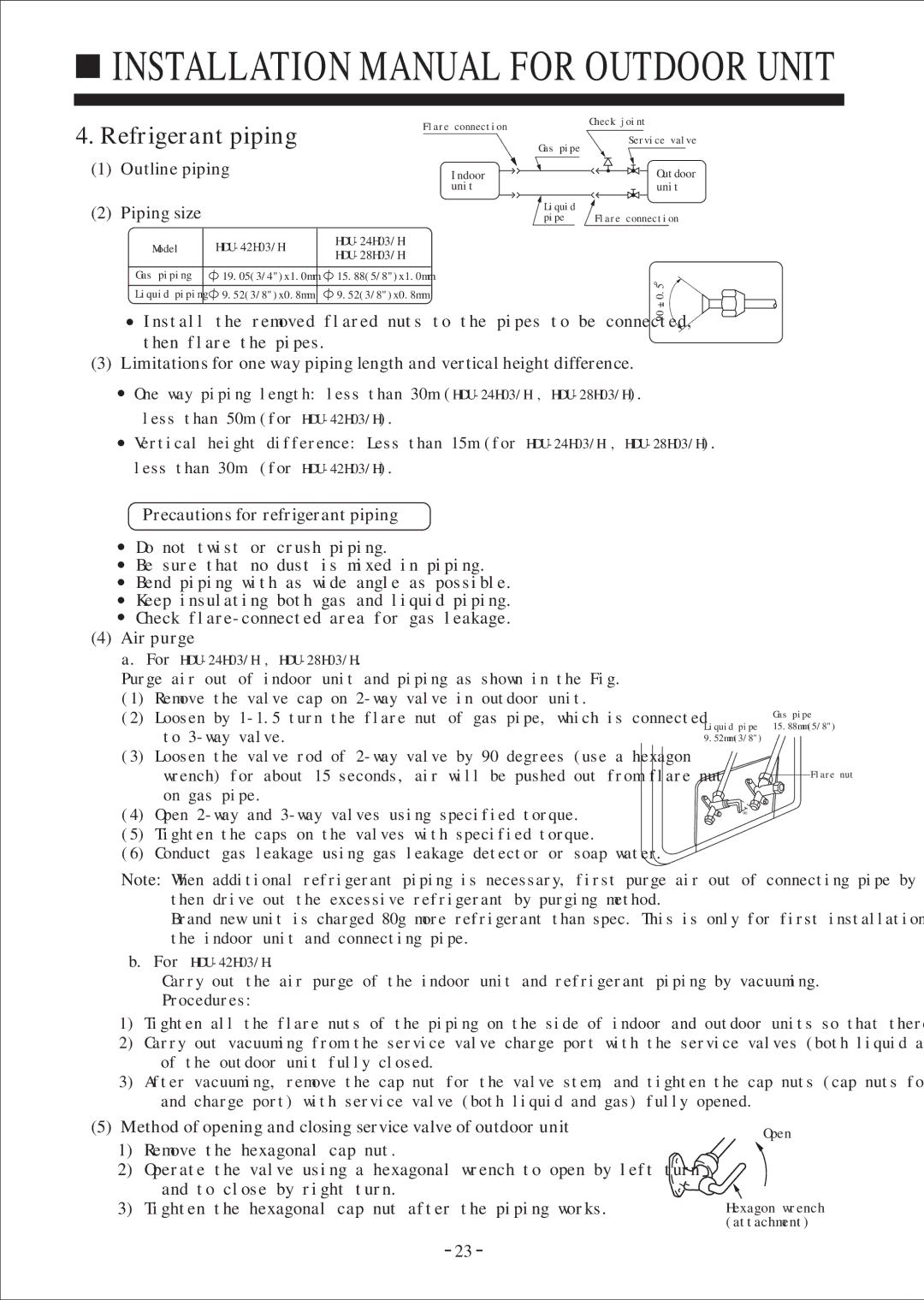 Haier HDU-24H03/H, HDU-42H03/H, HDU-28H03/H instruction manual Refrigerant piping, Outline piping, Piping size 