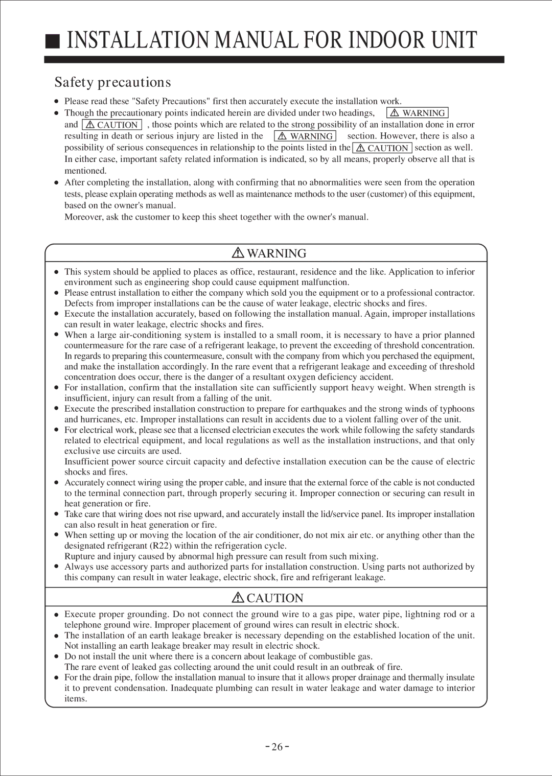 Haier HDU-42H03/H, HDU-24H03/H, HDU-28H03/H instruction manual Installation Manual for Indoor Unit, Safety precautions 