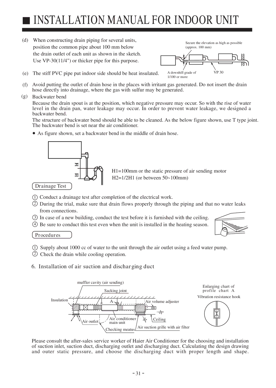 Haier HDU-28H03/H, HDU-24H03/H, HDU-42H03/H instruction manual Installation of air suction and discharging duct 