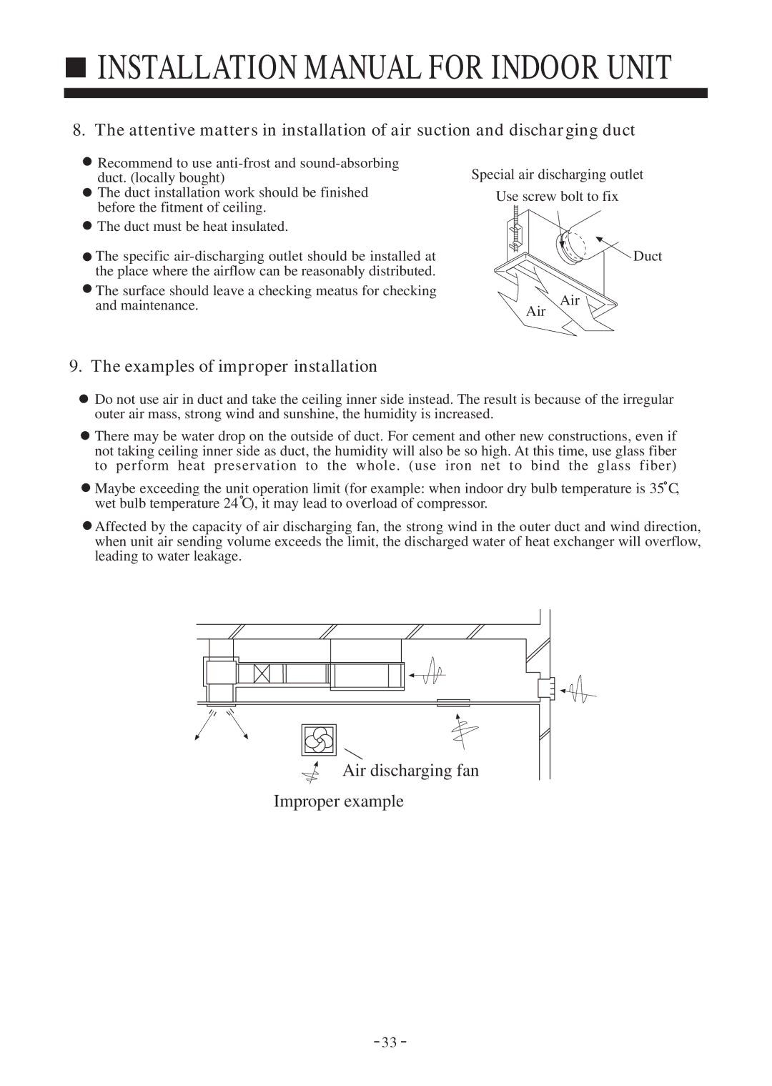 Haier HDU-42H03/H, HDU-24H03/H, HDU-28H03/H Examples of improper installation, Air discharging fan Improper example 