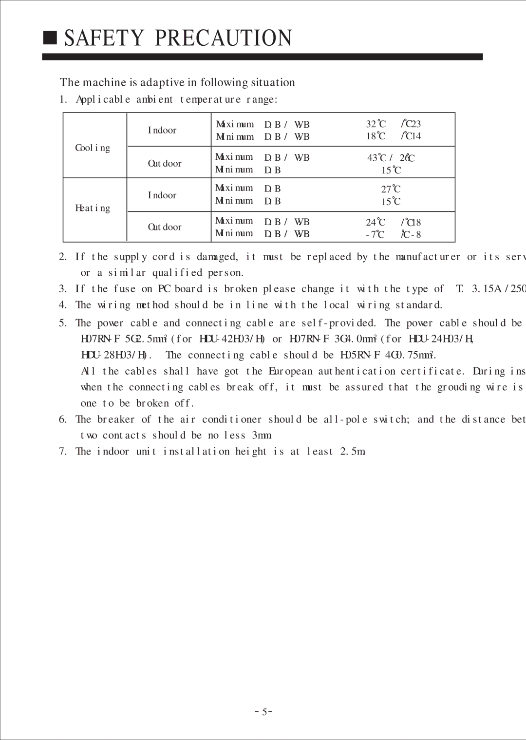 Haier HDU-24H03/H Safety Precaution, Machine is adaptive in following situation, Applicable ambient temperature range 