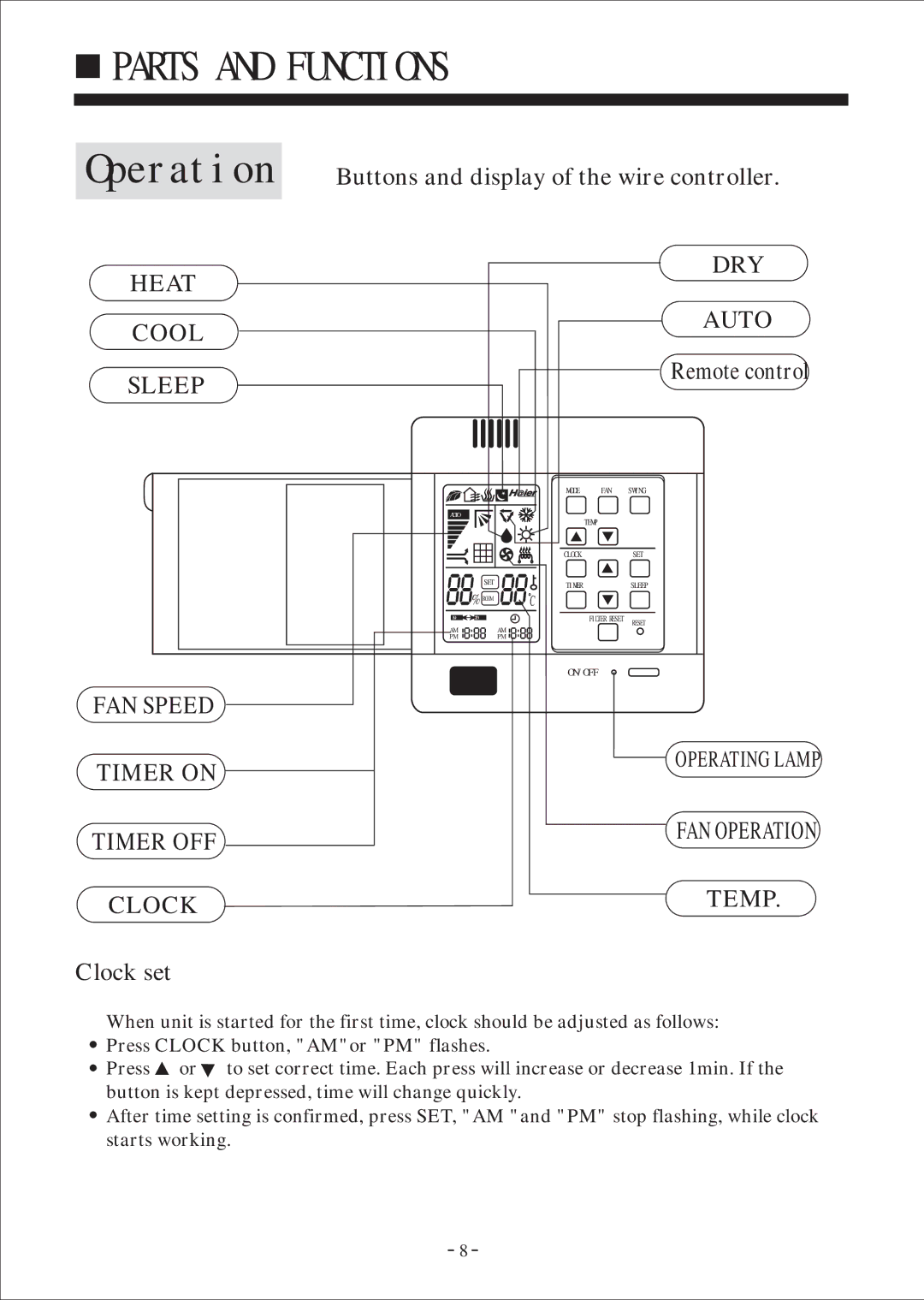 Haier HDU-24H03/H, HDU-42H03/H, HDU-28H03/H instruction manual Remote control, Clock set 