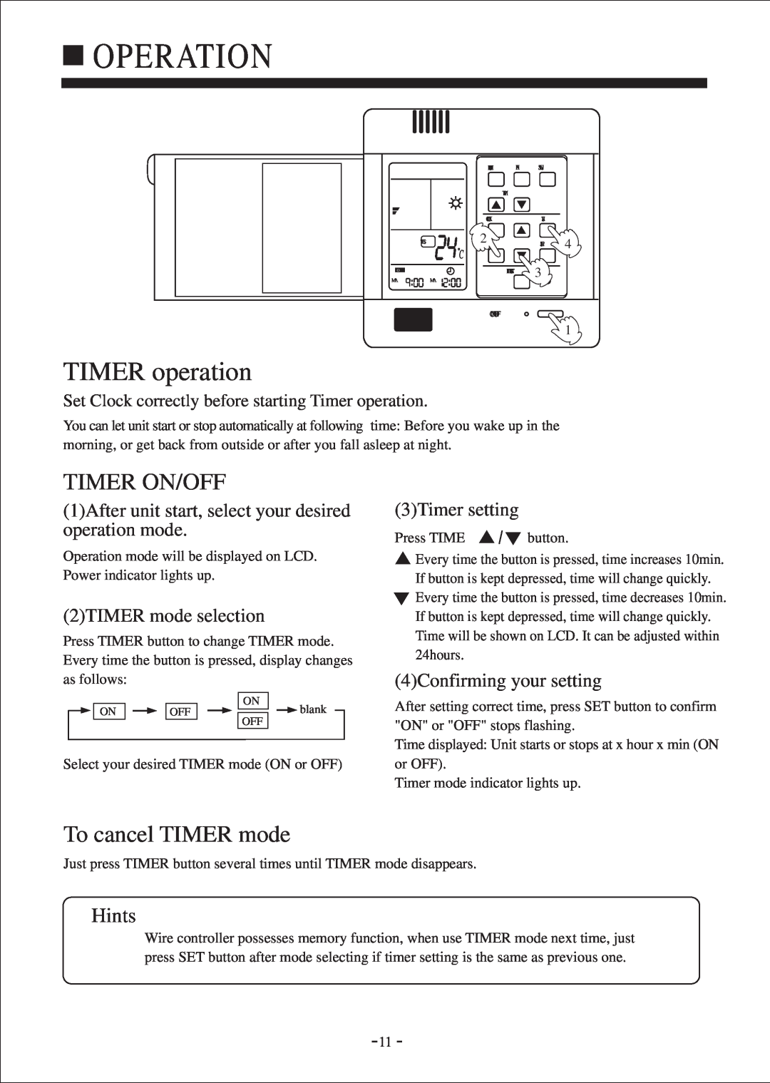 Haier HDU-24H03/H TIMER operation, Timer On/Off, To cancel TIMER mode, 2TIMER mode selection, 3Timer setting, Operation 