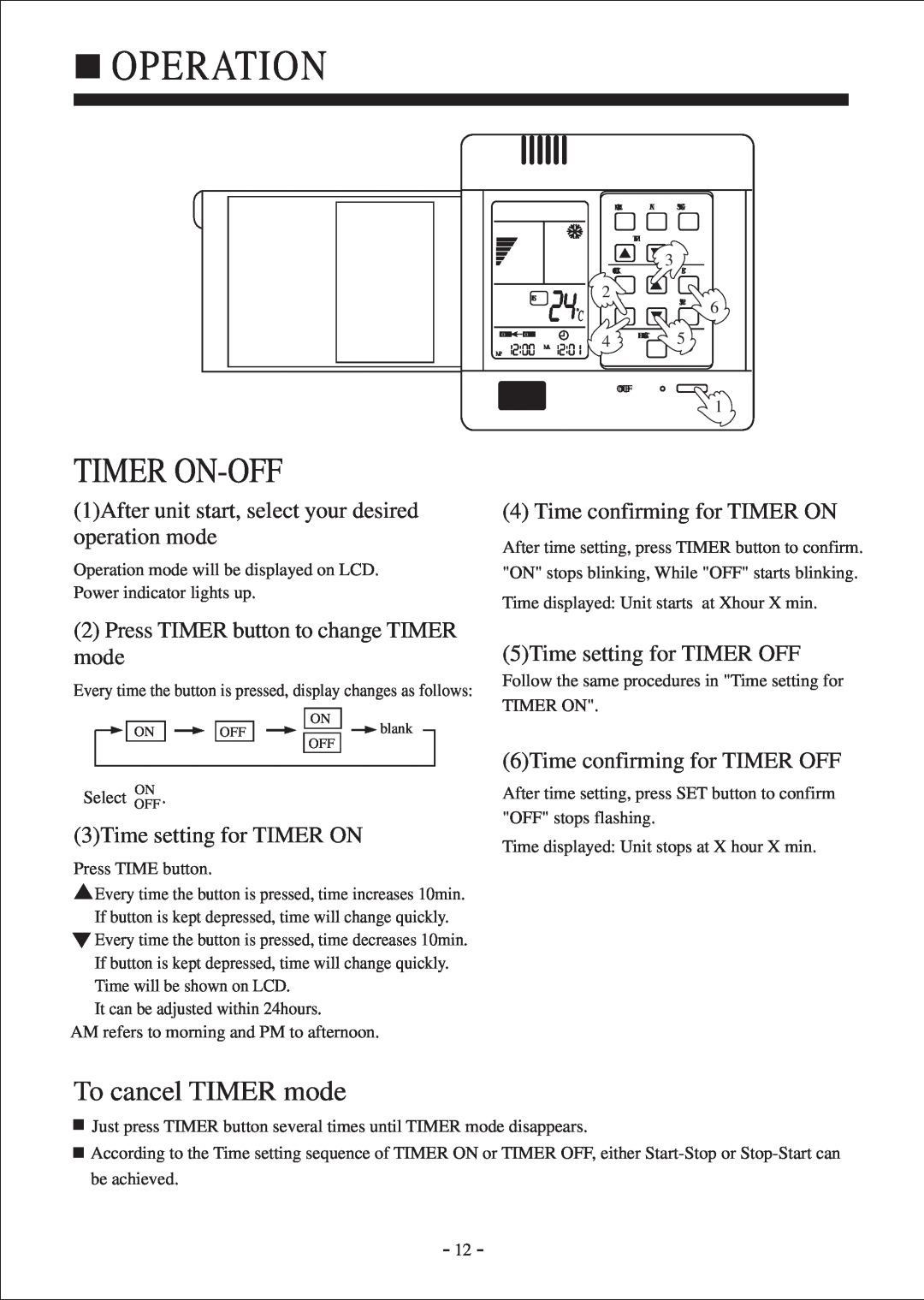 Haier HDU-42H03/H Timer On-Off, Time confirming for TIMER ON, 2Press TIMER button to change TIMER mode, Operation 