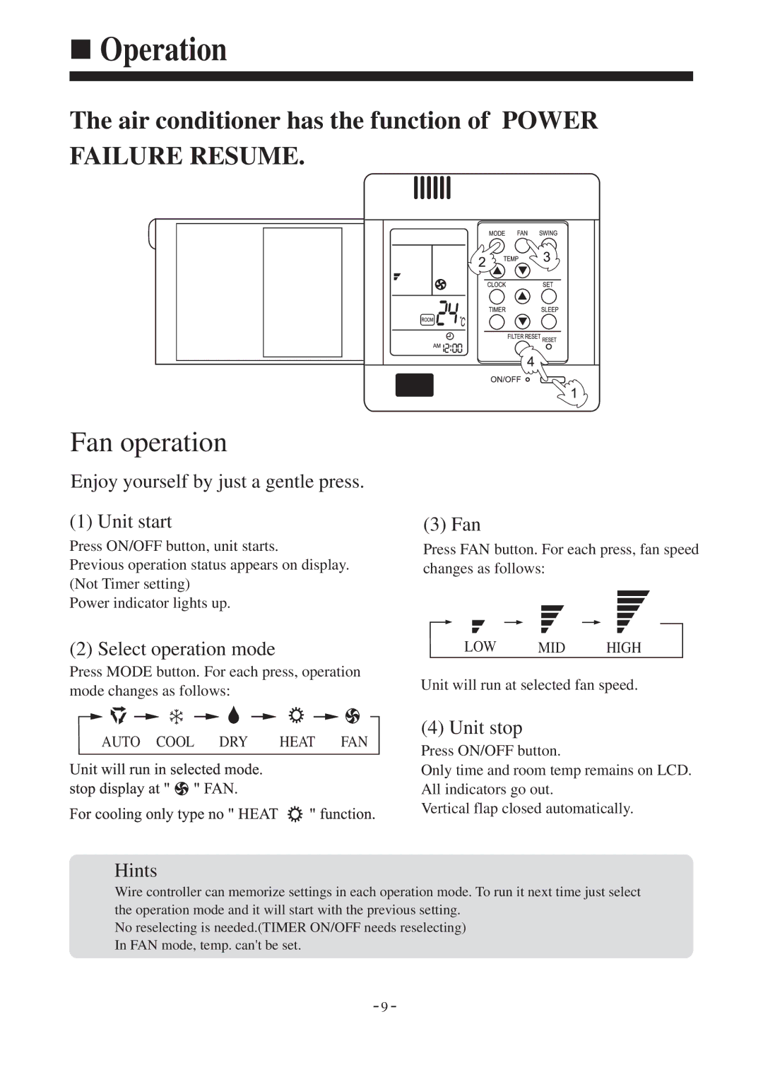 Haier HDU-42CF03/H installation manual Fan operation 