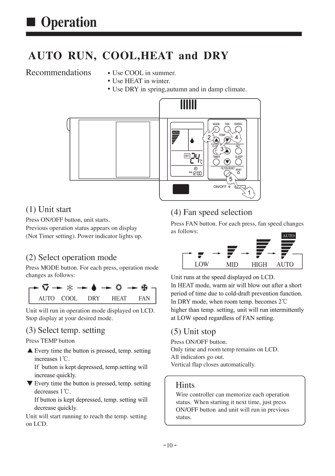 Haier HDU-42CF03/H installation manual Auto RUN, COOL,HEAT and DRY 