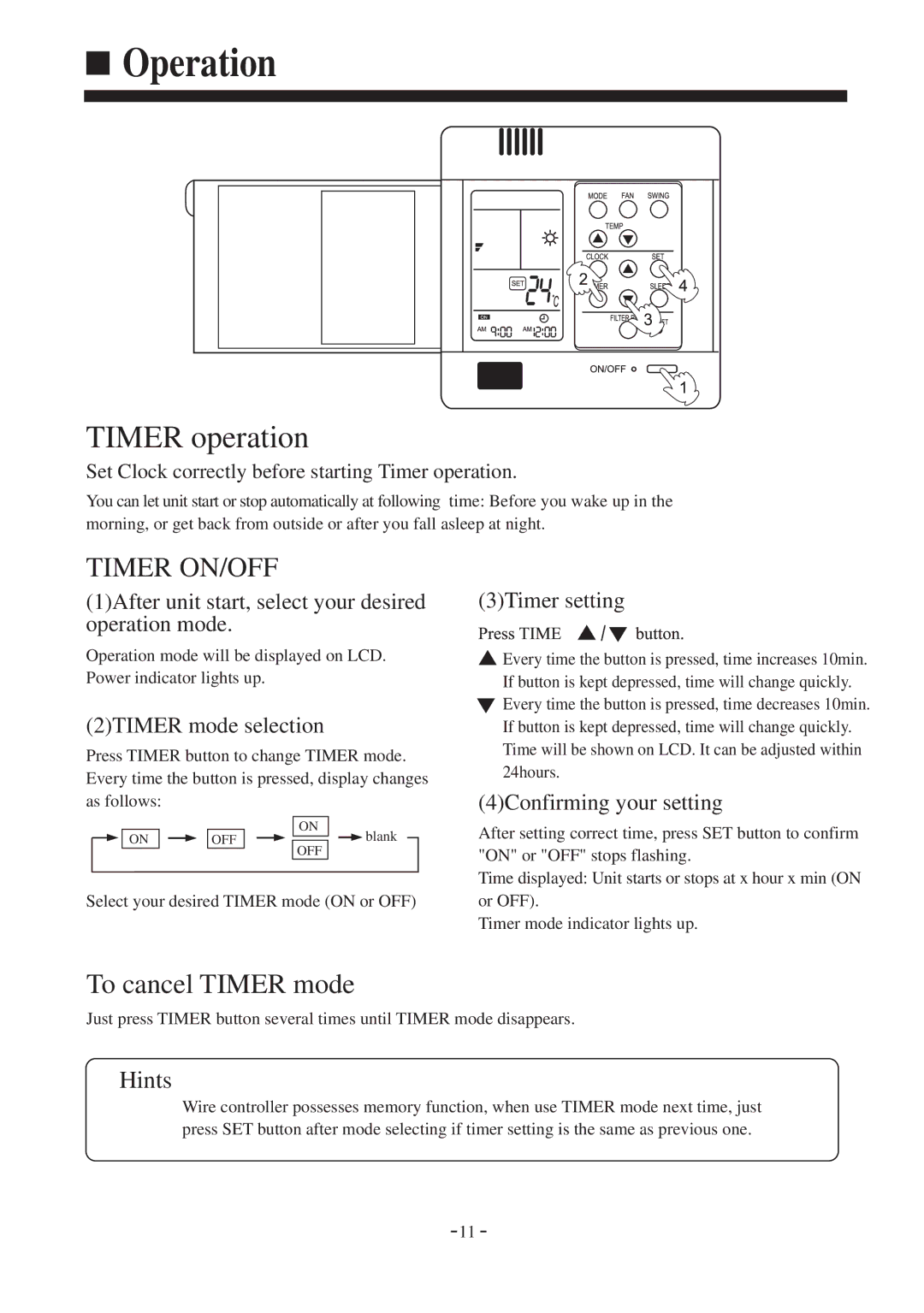 Haier HDU-42CF03/H installation manual Timer operation 