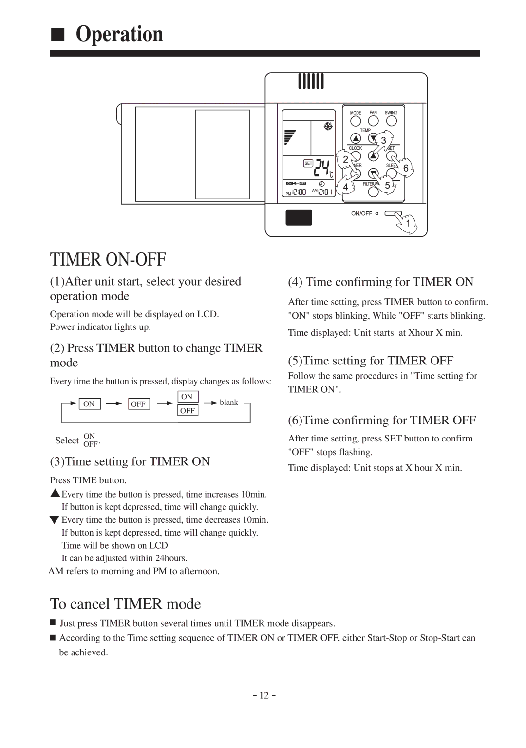 Haier HDU-42CF03/H installation manual Timer ON-OFF 