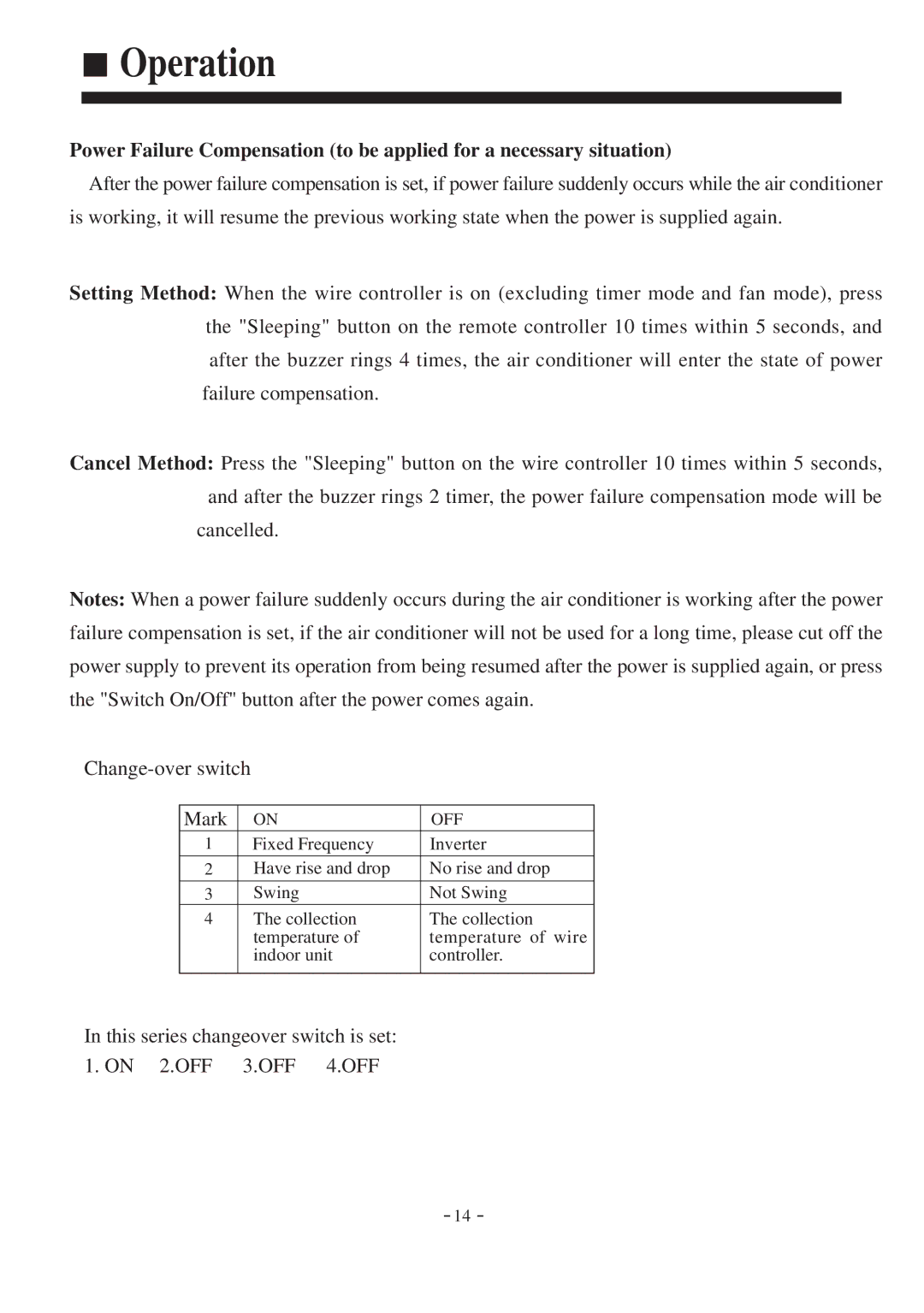 Haier HDU-42CF03/H installation manual This series changeover switch is set 1. on 2.OFF 3.OFF 4.OFF 